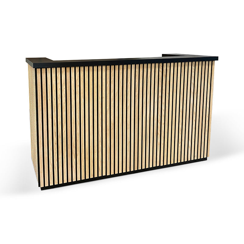 KENTO 180cm Reception Desk with Timber Slat Acoustic Panel in Black & Oak - Perfect for Office Lobby, Hotel Front Desk, and Corporate Waiting Areas