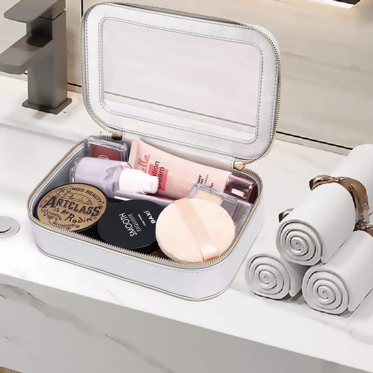 Duolan Clear Makeup Bag for Women - Transparent Cosmetic Organizer Case with Zipper, Portable Travel Toiletry Bag for Cosmetics & Accessories (A/Gray, Medium Size) - Perfect for Travel, Gym, Car & Daily Use