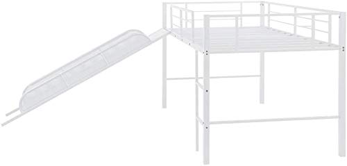 Metal Twin Low Loft Bed with Slide & Safety Guardrails - Space-Saving Kids Bed for Boys & Girls Bedroom Decor | No Box Spring Needed | Multifunctional Design (White) | Perfect for Small Rooms, Play Areas & Sleepovers