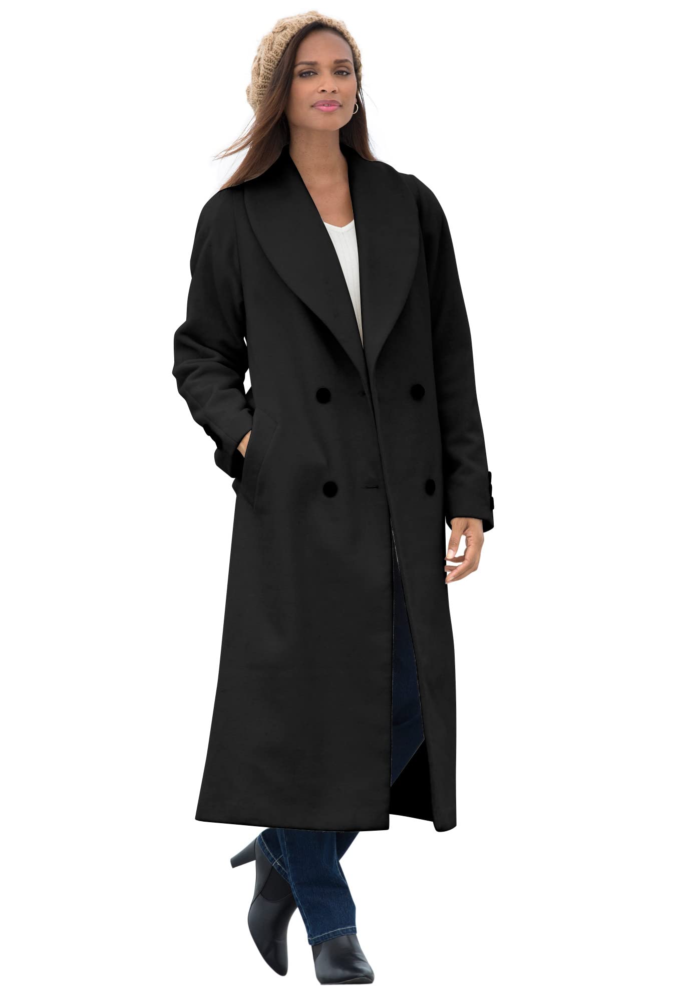 Jessica London Women's Plus Size Long Shawl Collar Wool Coat - Double Breasted Winter Trench Coat for Office, Travel & Formal Occasions