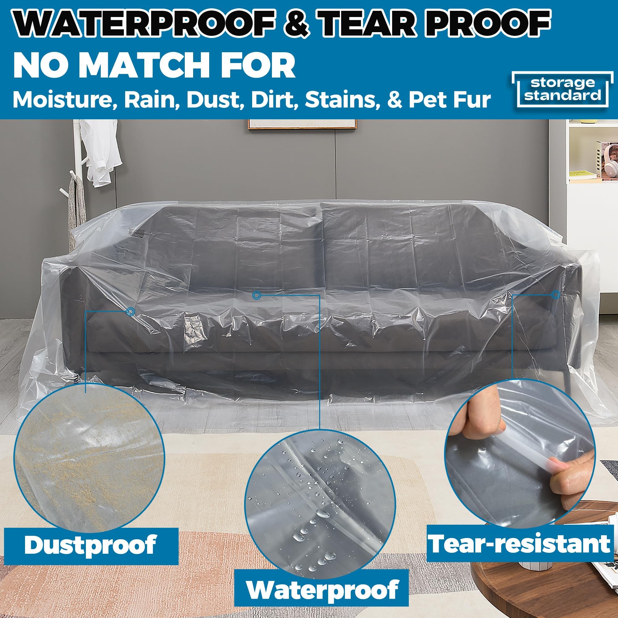 Heavy-Duty Plastic Furniture Covers - Waterproof Sofa Protector for Moving & Storage (96x42x62 Inch) - Home Renovation & Dustproof Use