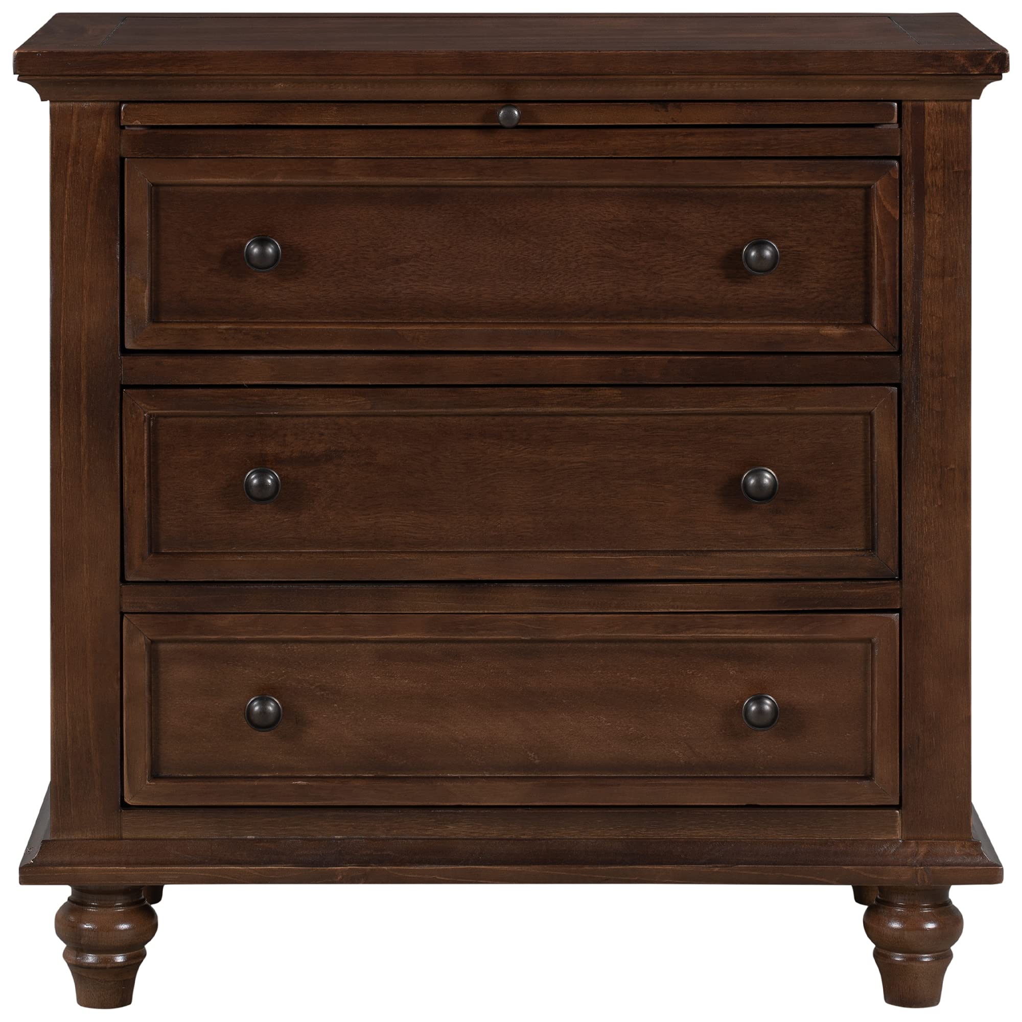 3-Drawer Wooden Bedside End Table with Pull-Out Tray - Nightstand for Bedroom & Living Room - Brown - Perfect for Storing Books, Lamps & Bedroom Essentials