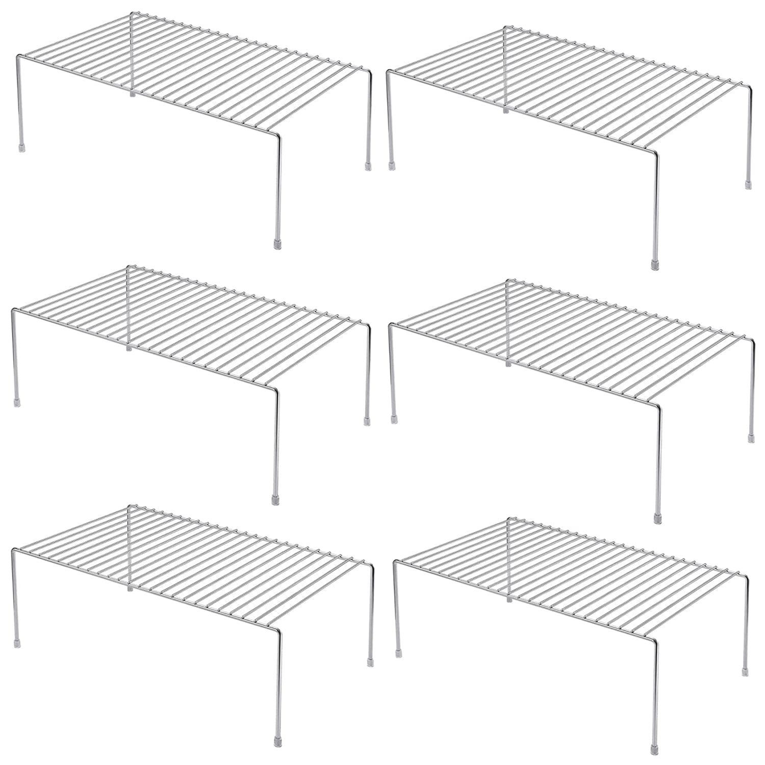 6-Pack Chrome Metal Wire Kitchen Cabinet Shelf Organizer, 13 x 9.4 Inch Pantry Storage Shelves for Dishes, Plates, Spices - Perfect for Cabinets, Freezers, Countertops & Cupboards - Space-Saving Home Organization Solution