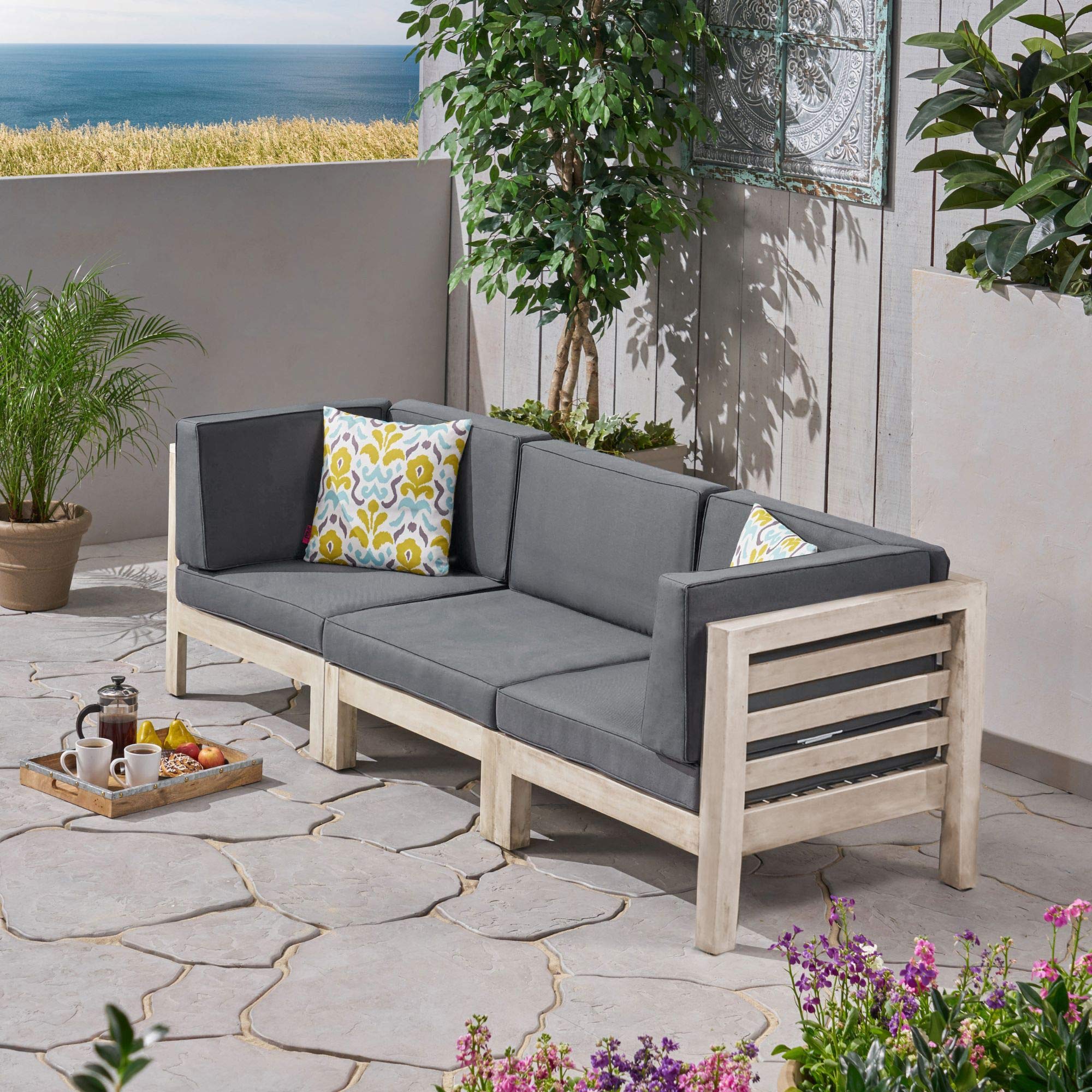 3-Piece Gray and Beige Modern Outdoor Patio Sectional Sofa Set - 30.25