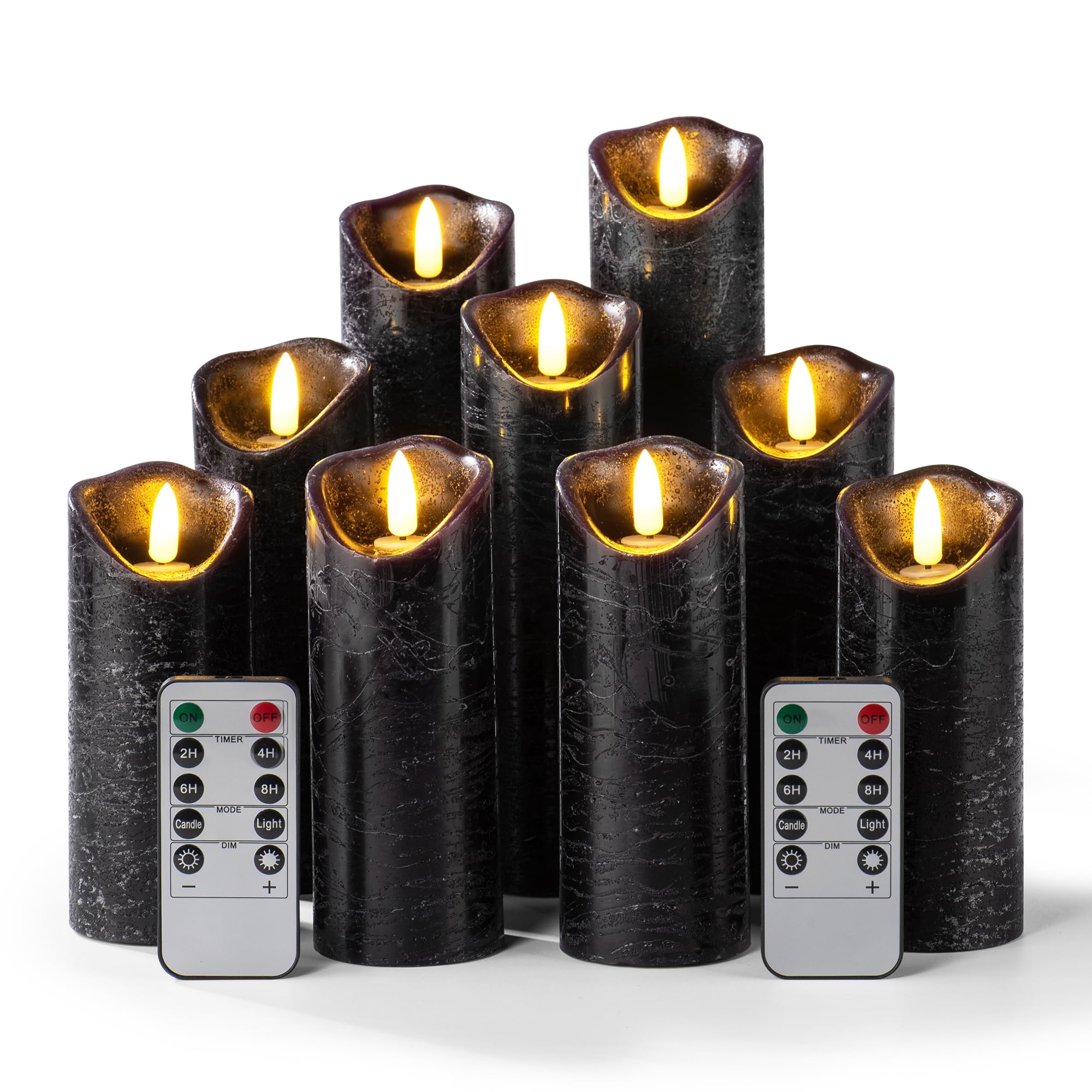 Set of 9 Black Real Wax Flameless LED Candles with Remote Control & Timer - Battery Operated Flickering Electric Candles for Wedding, Birthday, Halloween, Christmas Decorations - Perfect for Home, Party, and Holiday Ambiance
