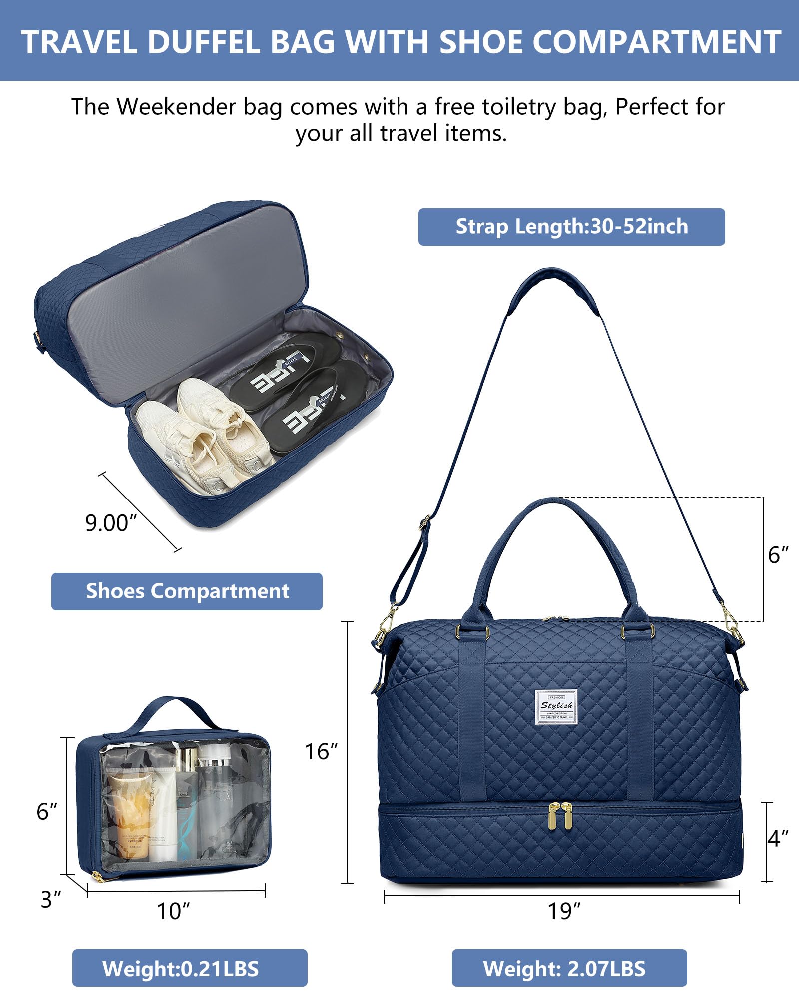 Women's Weekender Duffle Bag with Shoe Compartment & Wet Pocket - Lightweight Travel Overnight Bag, Carry-On Approved for Airplane, Hospital, Labor & Delivery - Perfect for Gym, Weekend Getaways & Business Trips (Blue)