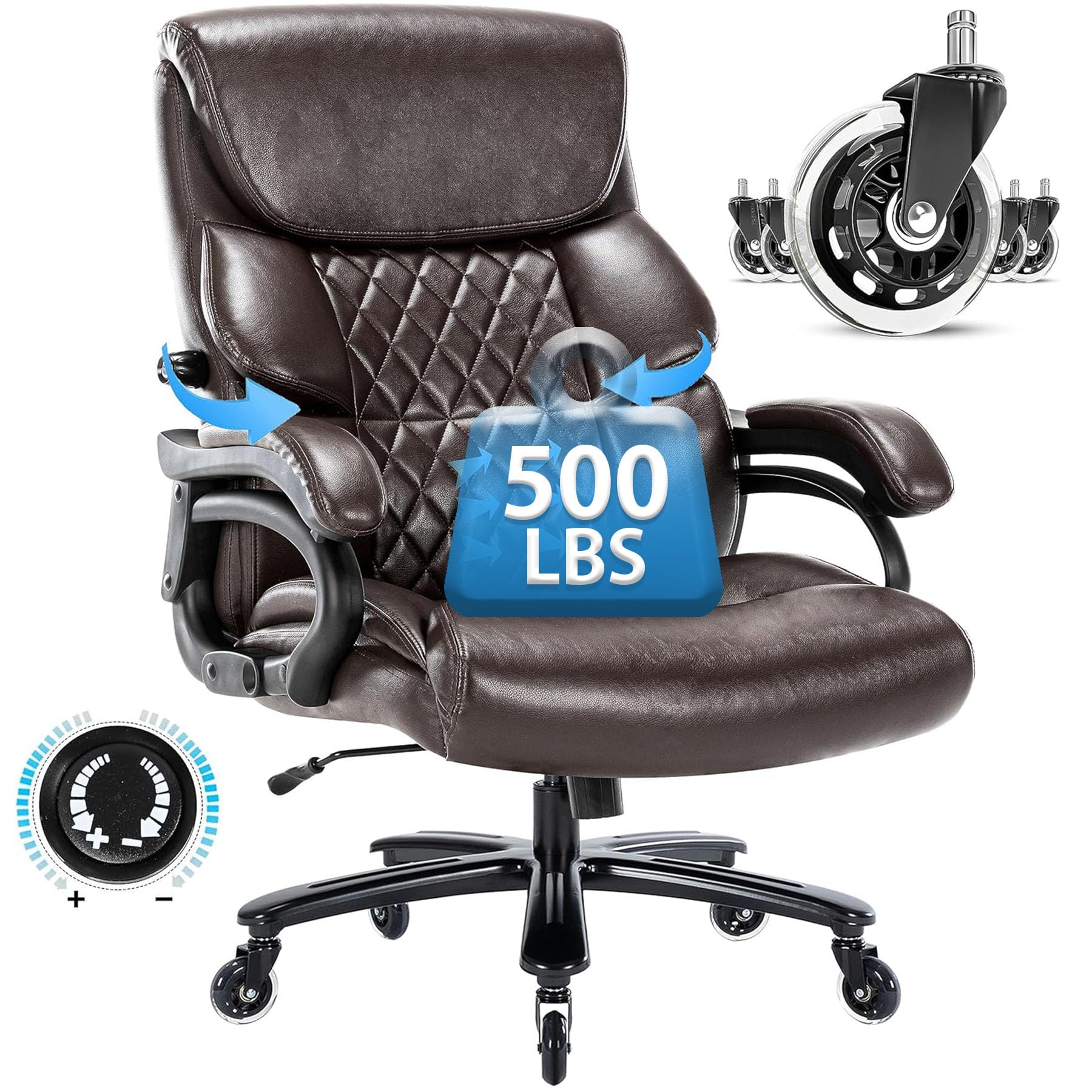 Big and Tall Office Chair 500 LBS Capacity - Heavy Duty Executive Chair for Large People with Adjustable Lumbar Support & Sturdy Wheels - Black/Brown Faux Leather Desk Chair - Perfect for Home Office, Gaming & Workspaces
