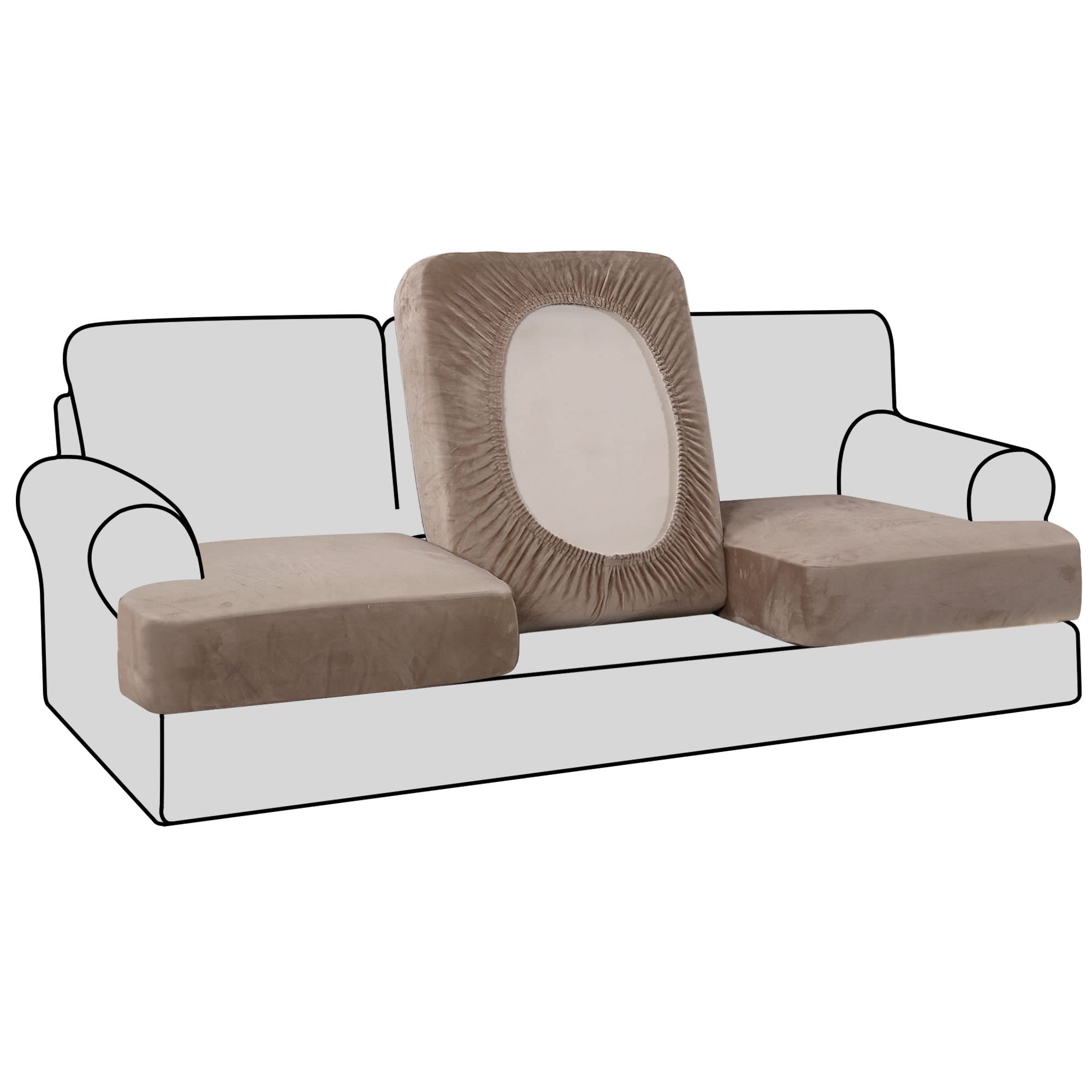 H.VERSAILTEX 3-Piece Stretch Velvet Sofa Slipcover Set - Soft T-Cushion Covers for 3-Seater Couches, Non-Slip Taupe Velvet Couch Protector (Fits Most Sofas) - Perfect for Living Room, Home Decor & Pet-Friendly Furniture Protection