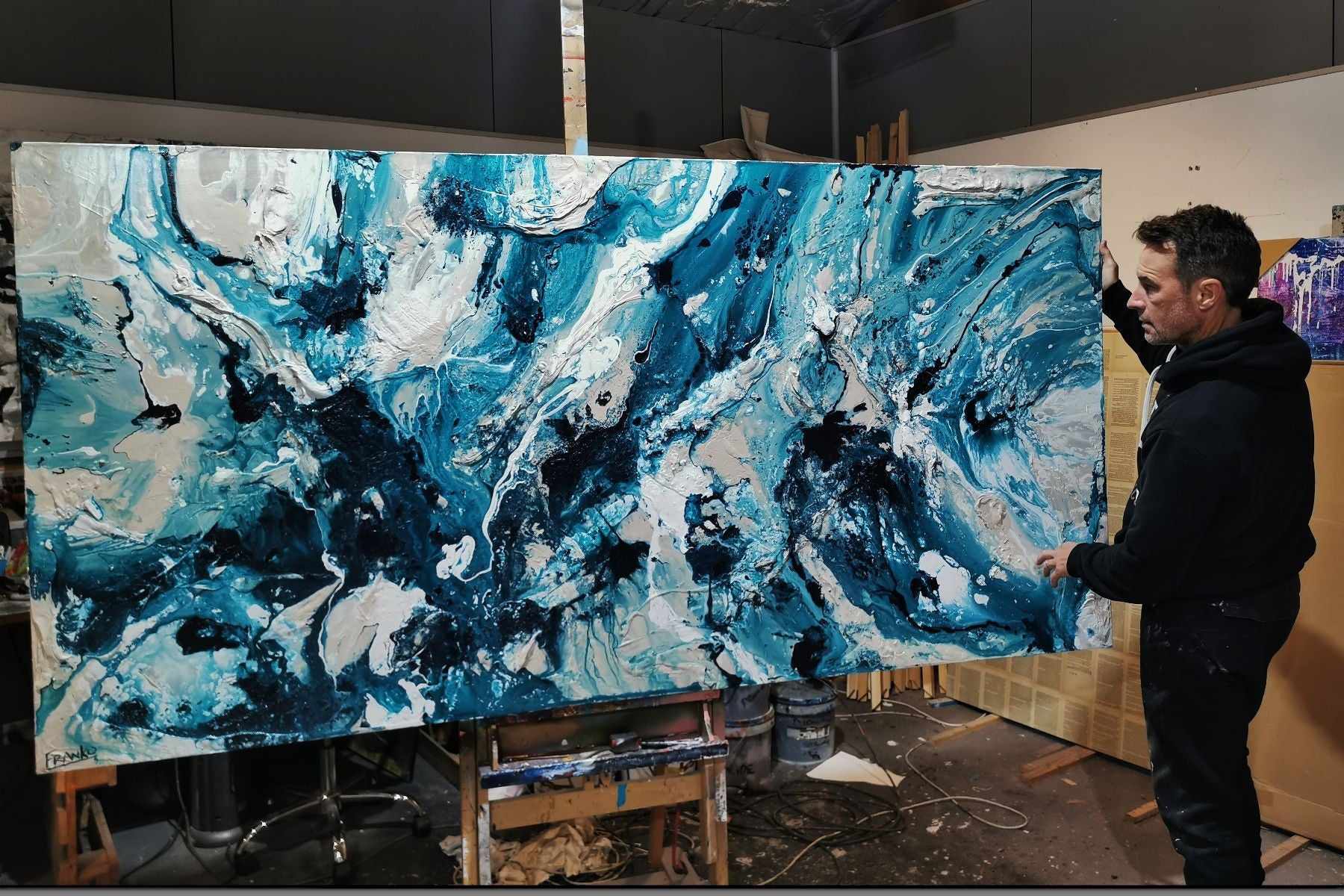 Southern Aura 94.5'' x 47'' Blue White Cream Textured Abstract Canvas Art - Modern Wall Decor for Living Room, Bedroom & Office