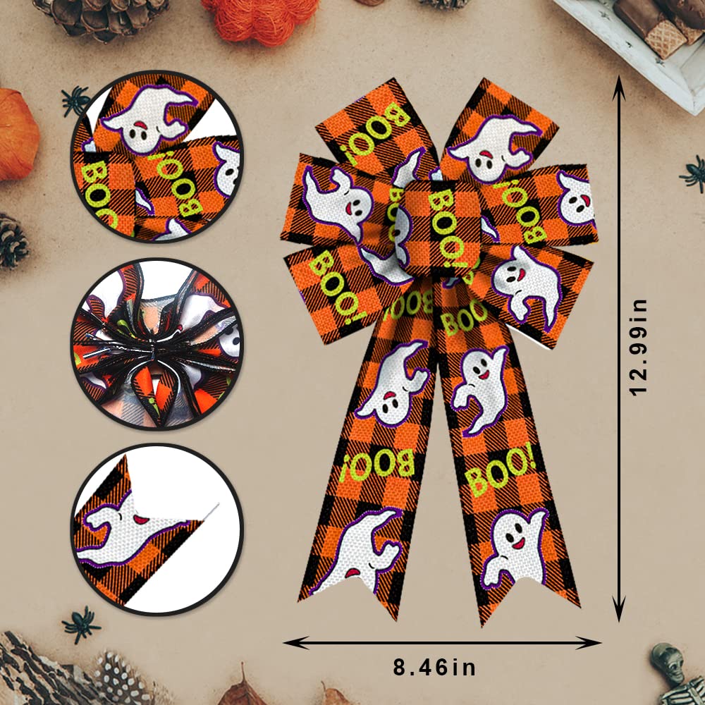 Halloween Ghost Wreath Bows - Orange Black Plaid Burlap Bows for Door Decor