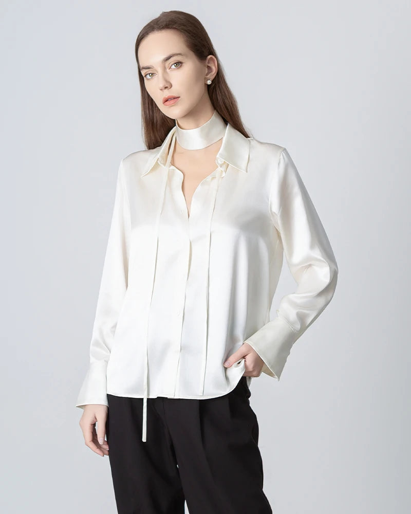 Women's Loose Tie Neck Silk Blouse - Elegant Casual & Office Wear for Women - Perfect for Work, Date Night & Special Occasions