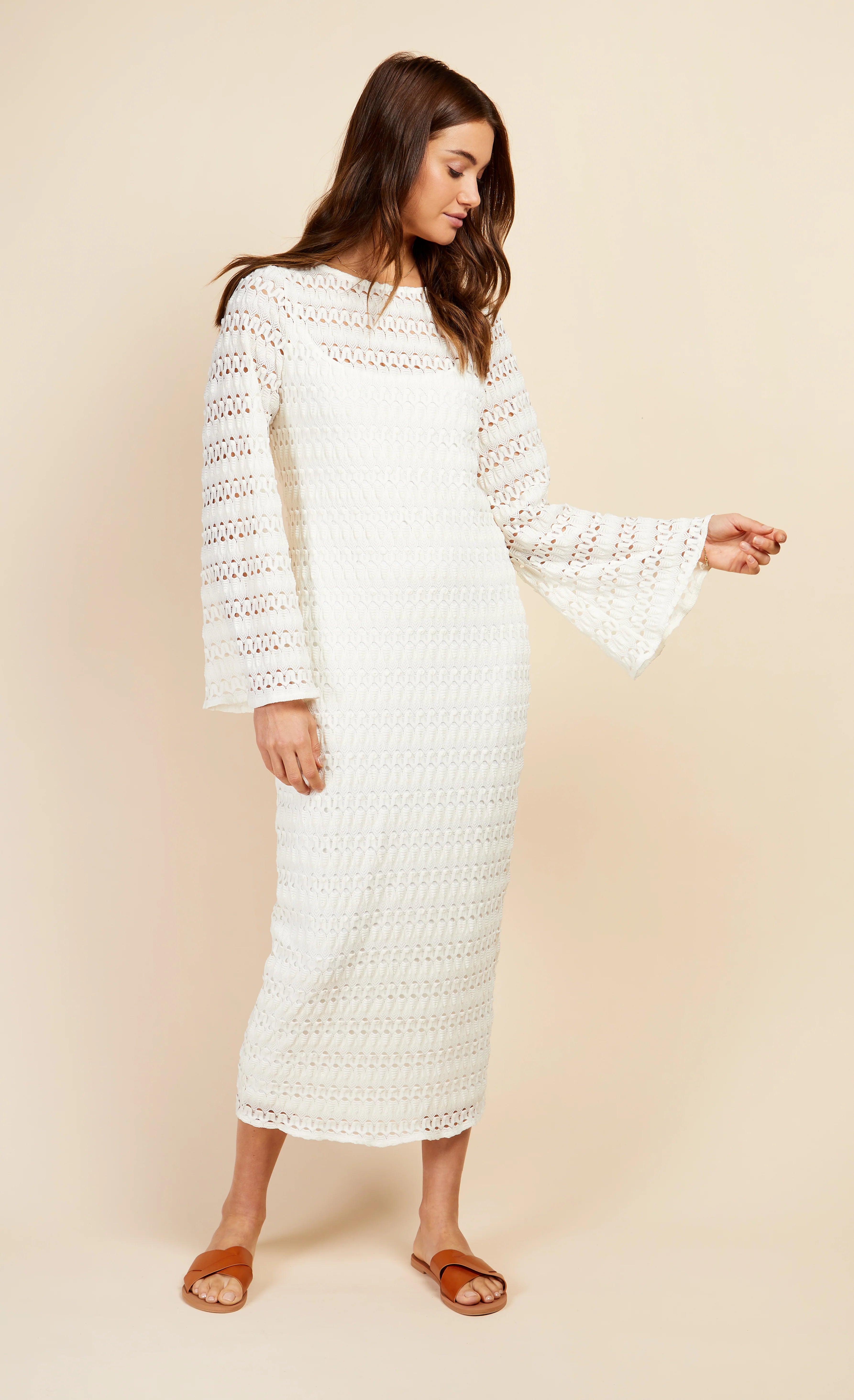 Chloe Crochet Knit Midaxi Dress - Cream Lace Boho Summer Dress for Women | Beach Wedding, Vacation, Date Night Outfit