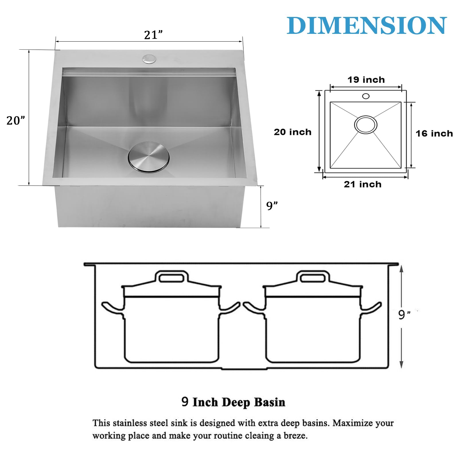 SHACO 21 Inch Drop-In Stainless Steel Kitchen Sink - 21x20 Inch Single Bowl Top Mount Sink for RV, Outdoor, Laundry & Wet Prep Workstation with Accessories | Perfect for Small Kitchens, Camper Vans & Utility Rooms