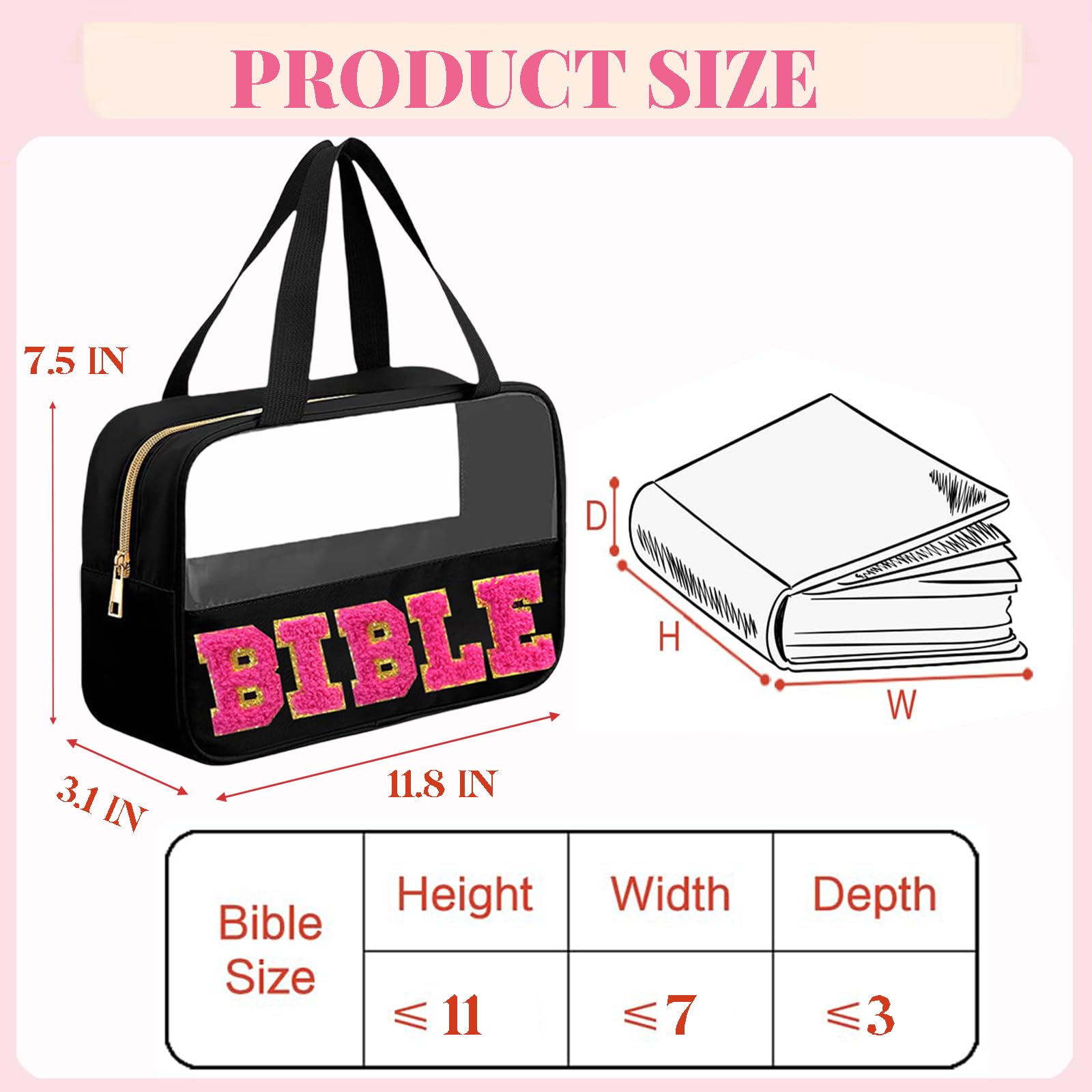 Pink Chenille Letter Bible Bag for Women & Girls - Zippered Church Bag with Handle for Bible Study Supplies & Accessories - Perfect Christian Gift for Church, Bible Study, and Worship Services