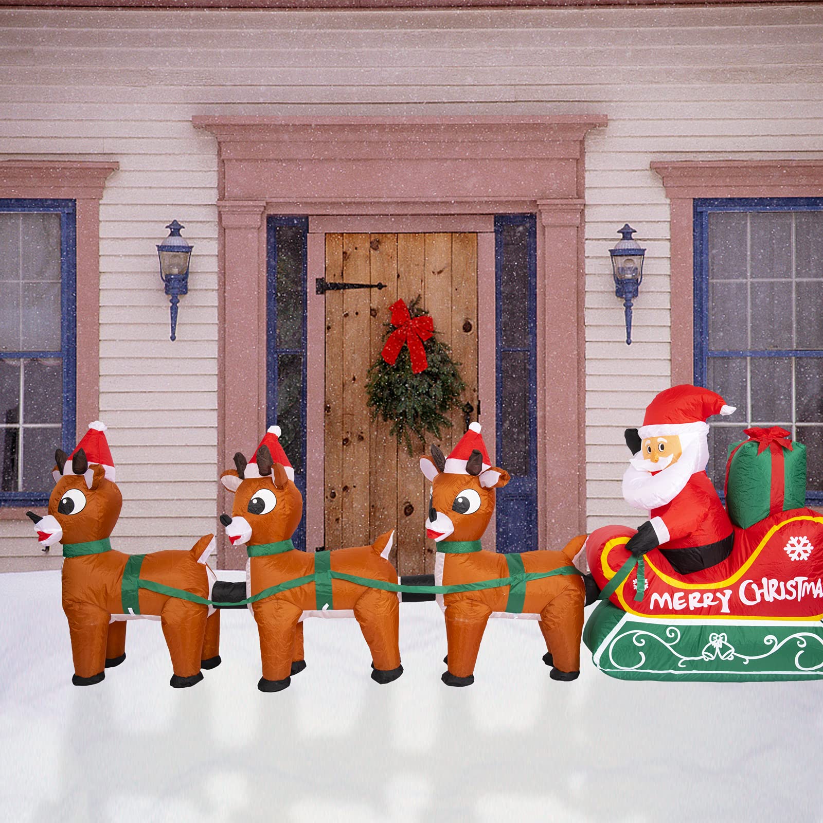 8.2FT Inflatable Santa Claus on Sleigh with 3 Reindeers - LED Lighted Christmas Yard Decoration for Holiday, Party, Xmas Decor - Perfect for Front Lawn, Garden & Outdoor Festive Decorations