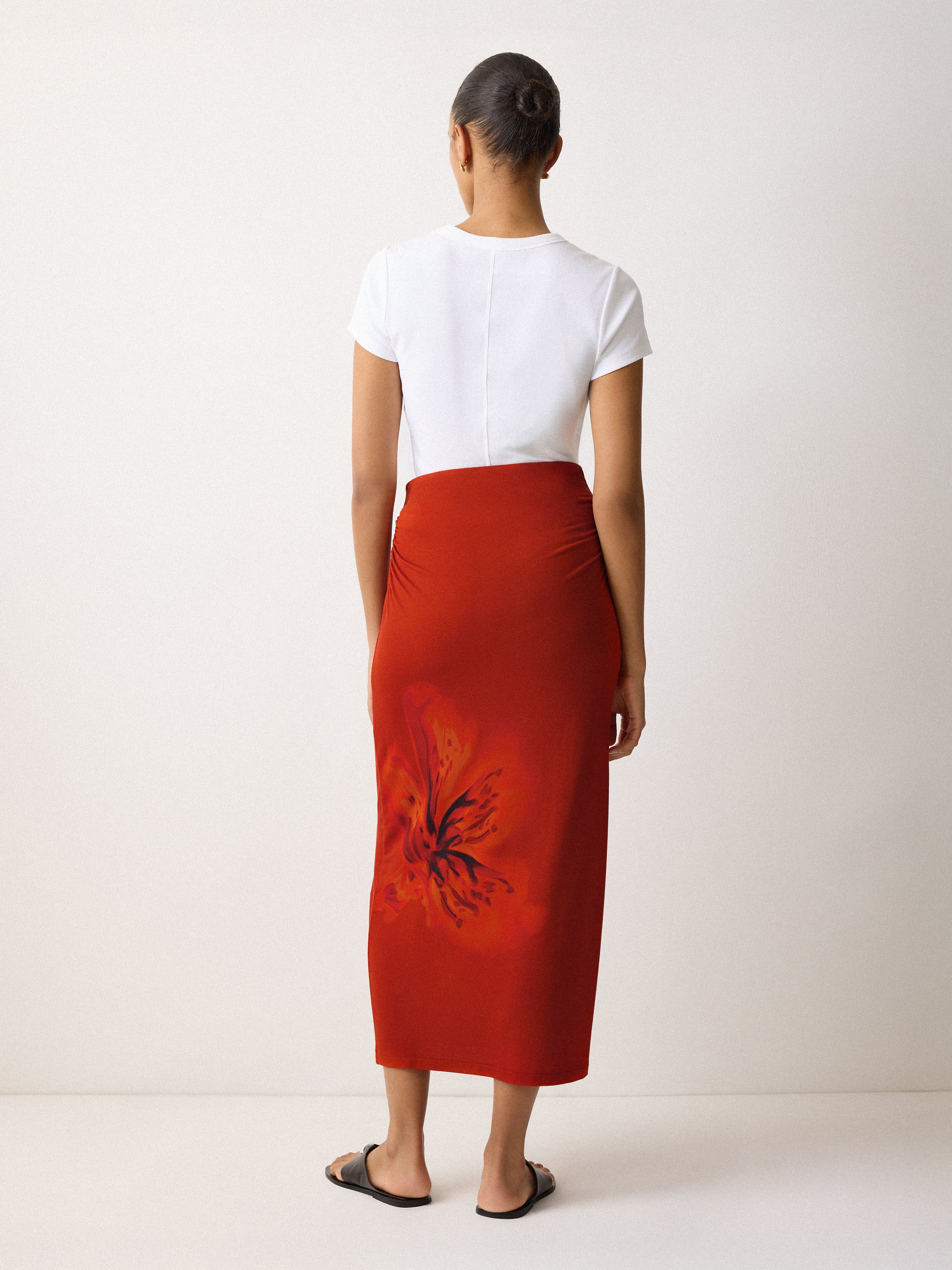 Fire Flower Jersey Skirt for Women - Stretchy Red Flowy Midi Skirt with Elastic Waist | Perfect for Summer Outfits, Beach Vacations & Casual Wear