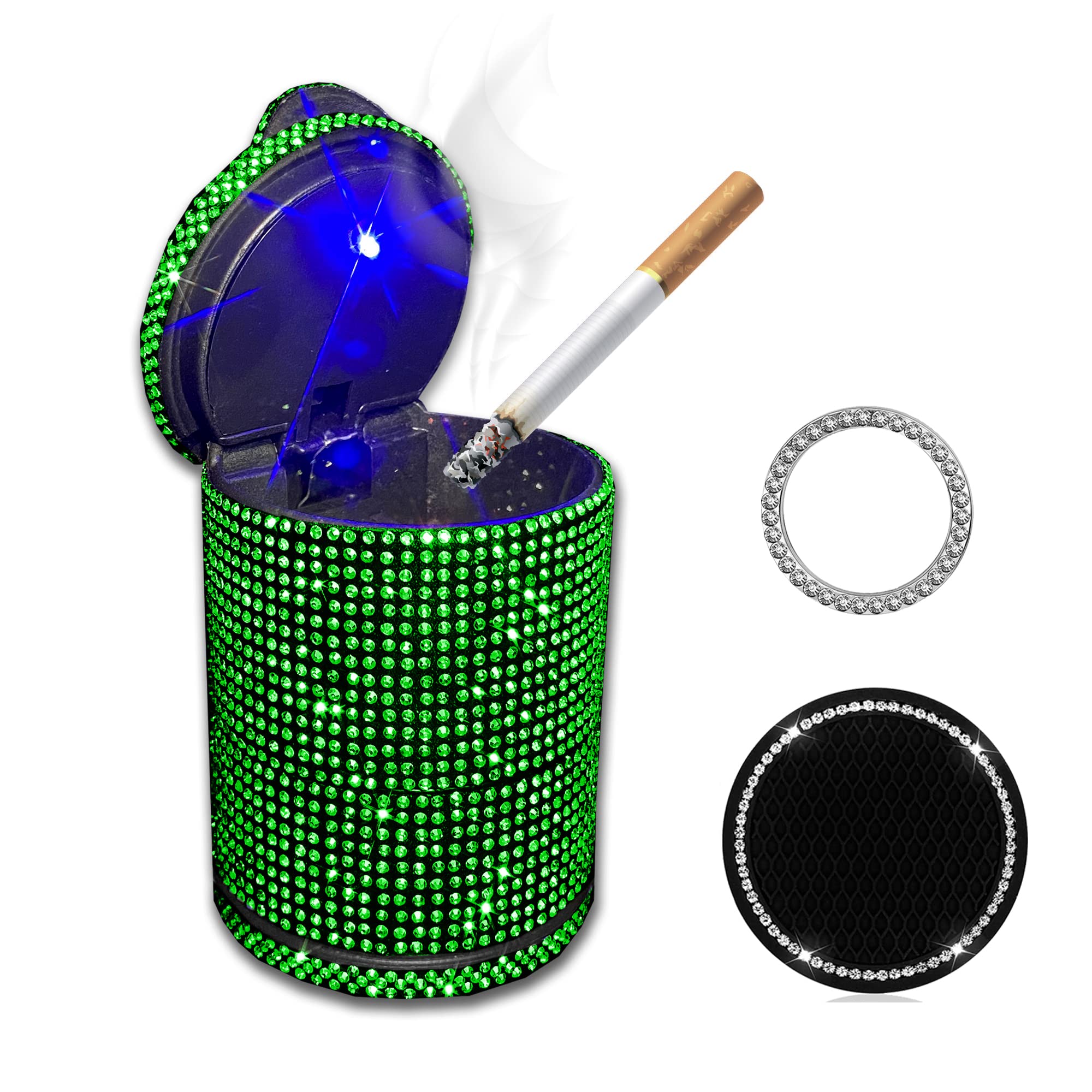 Crystal Diamond Car Ashtray with Lid - Smell Proof, Blue LED Light, Bling Portable Ashtray, Cigarette Smokeless Cylinder Cup Holder, Mini Trash Can for Car (Green) - Perfect for Road Trips and Long Drives