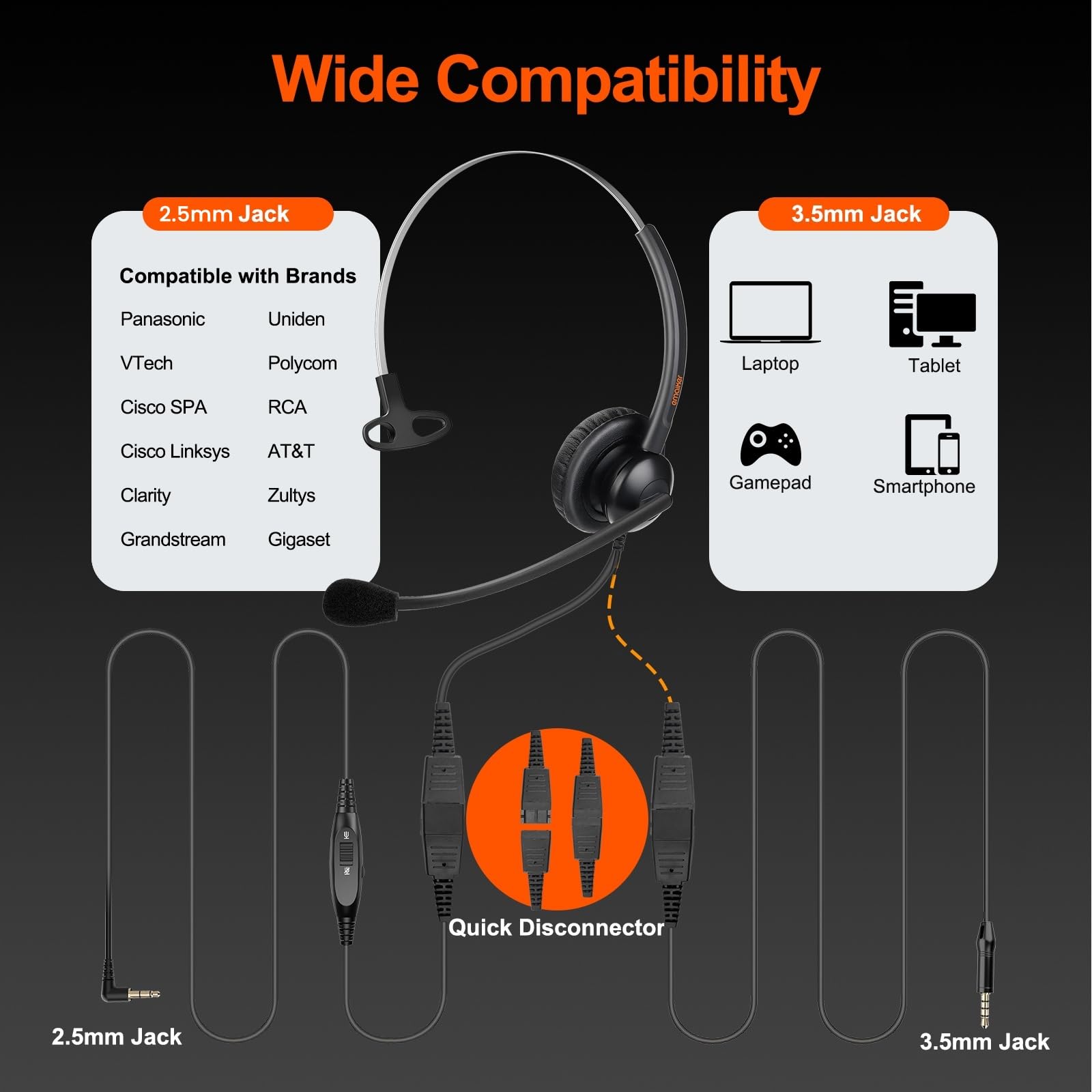 Noise Canceling Office Headset with 2.5mm Connector for Cisco SPA & Polycom Phones - Compatible with Smartphones & Laptops via 3.5mm Adapter - Perfect for Remote Work, Call Centers & Home Office Communication