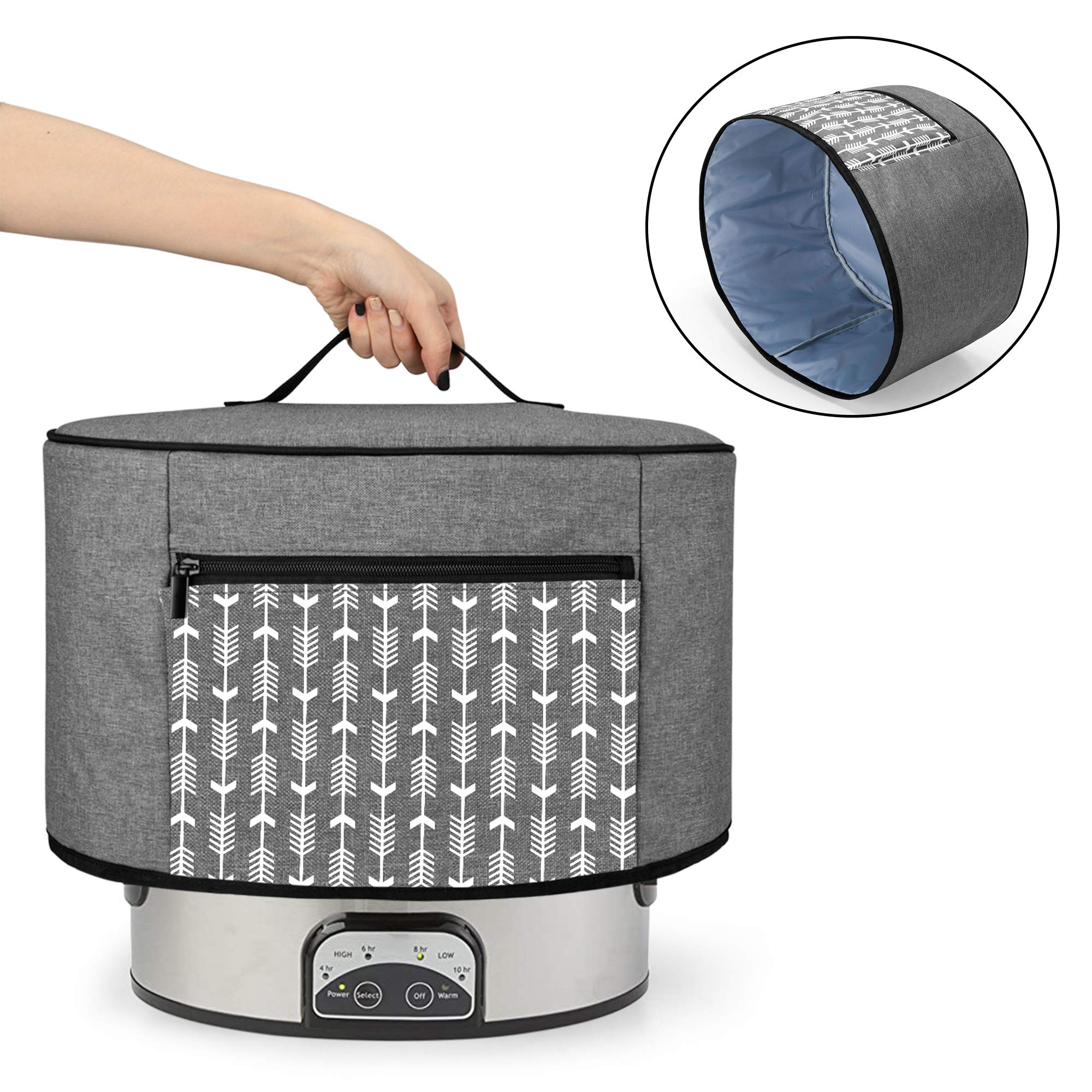 YARWO 6-8 Quart Slow Cooker Dust Cover - Compatible with Crock Pot & Hamilton Beach - Zippered Storage Pocket & Wipe-Clean Liner - Gray with Arrow Design - Perfect for Kitchen Storage & Appliance Protection