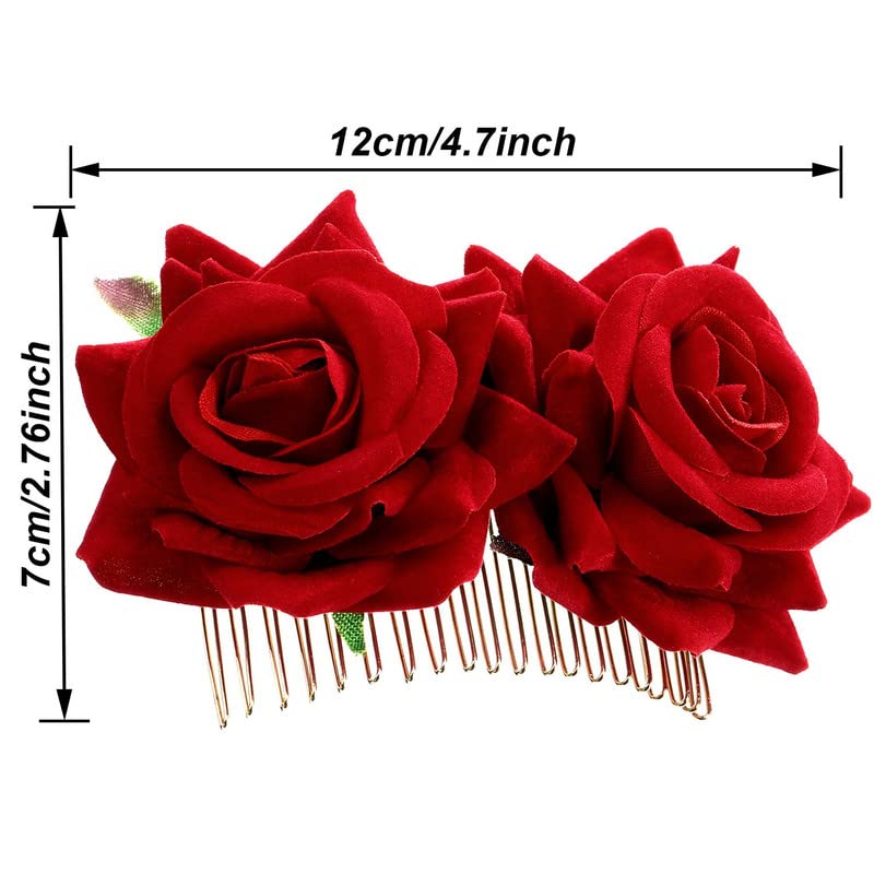 BELICIA 2 Pack Dark Red Rose Flower Hair Clips for Women - Elegant Wedding Hair Accessories, Flamenco Dancer Hairpins (Perfect for Bridal, Prom, Party & Special Occasions)