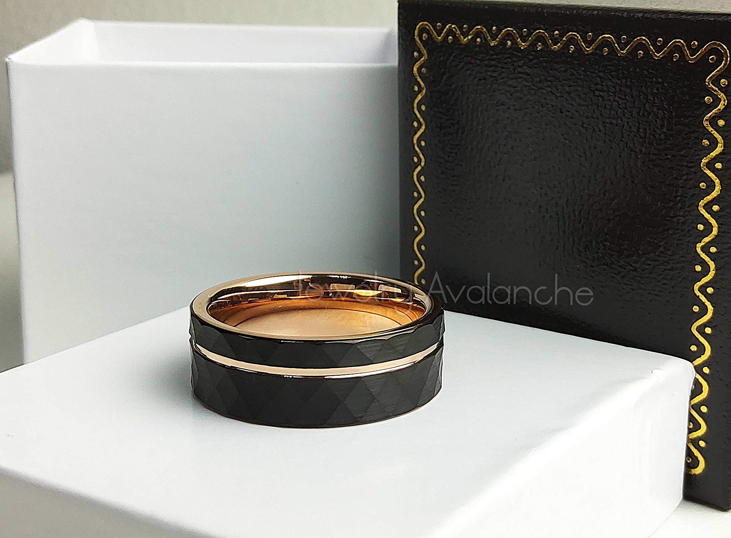 Black & Rose Gold 2-Tone Men's Tungsten Carbide Wedding Band - 8MM Hammered Finish Pipe Cut Faceted Ring for Men - Perfect for Weddings, Anniversaries & Everyday Wear