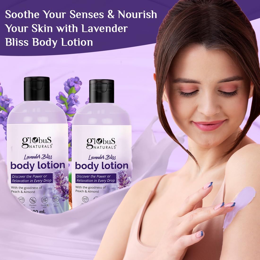 Globus Naturals Lavender Bliss Body Lotion with Coconut Oil & Cucumber Extracts - Ayurvedic, Paraben-Free Moisturizer for Dry, Sensitive & All Skin Types - 200ml (Pack of 2) - Perfect for Daily Hydration, Relaxation & Aromatherapy