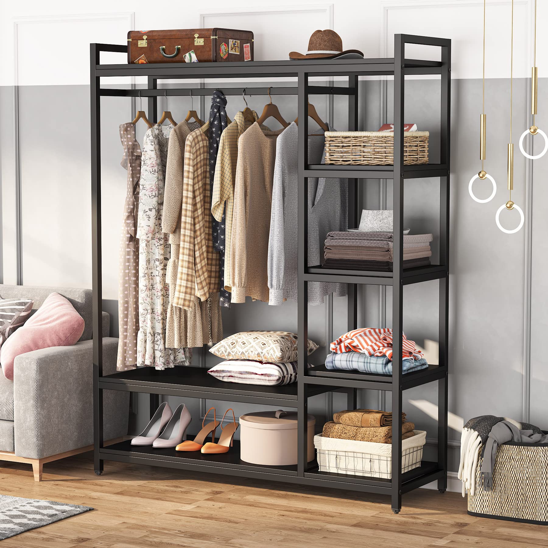 Free Standing Wood Closet Clothes Rack - Heavy Duty Garment Rack with Shelves, 350 lb Capacity - Bedroom Wardrobe Organizer for Hanging Clothes, Coats & Accessories - Perfect for Small Spaces, Dorm Rooms & Apartment Closets - Black