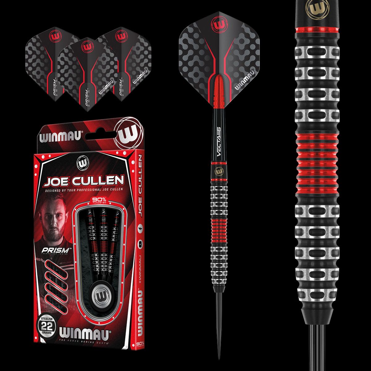 WINMAU Joe Cullen Special Edition 90% Tungsten Steel Tip Darts 22g - Perfect for Professional Dart Players & Tournaments