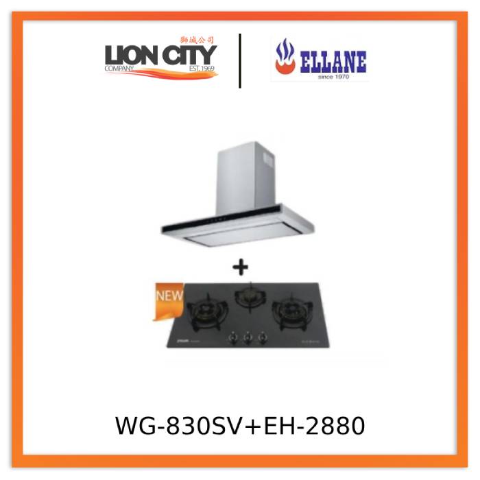 Ellane EH 2880 90cm Touch Control Stainless Steel Range Hood with Ellane WG 830SV 87cm 3-Burner Glass Gas Cooktop - Modern Kitchen Ventilation & Cooking Solution for Home Chefs