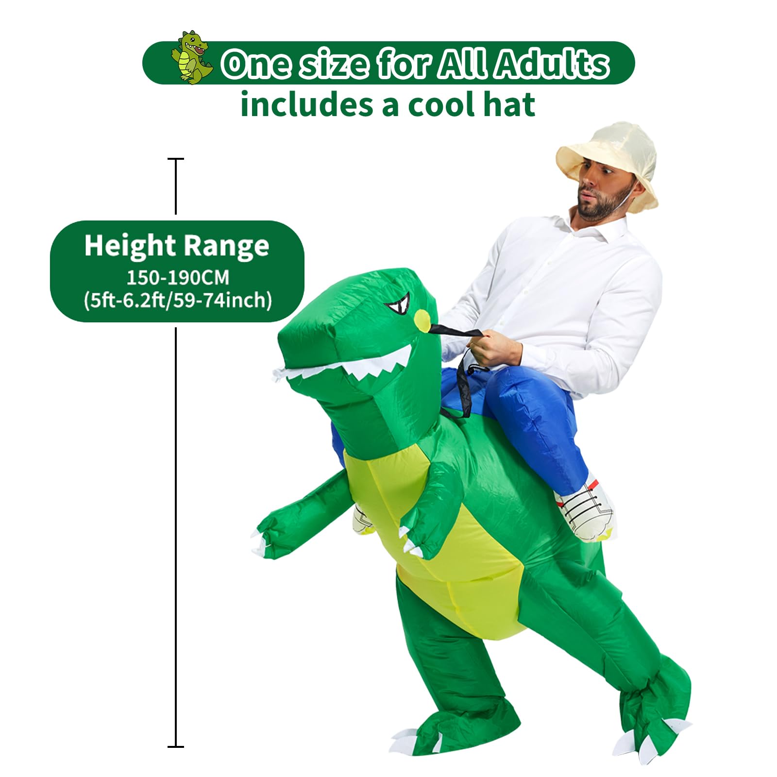 TOLOCO Inflatable Dinosaur Costume for Adults & Kids - Blow Up T-Rex Halloween Costume with Fan | Fun Party, Cosplay, and Halloween Outfit for Events & Photo Shoots