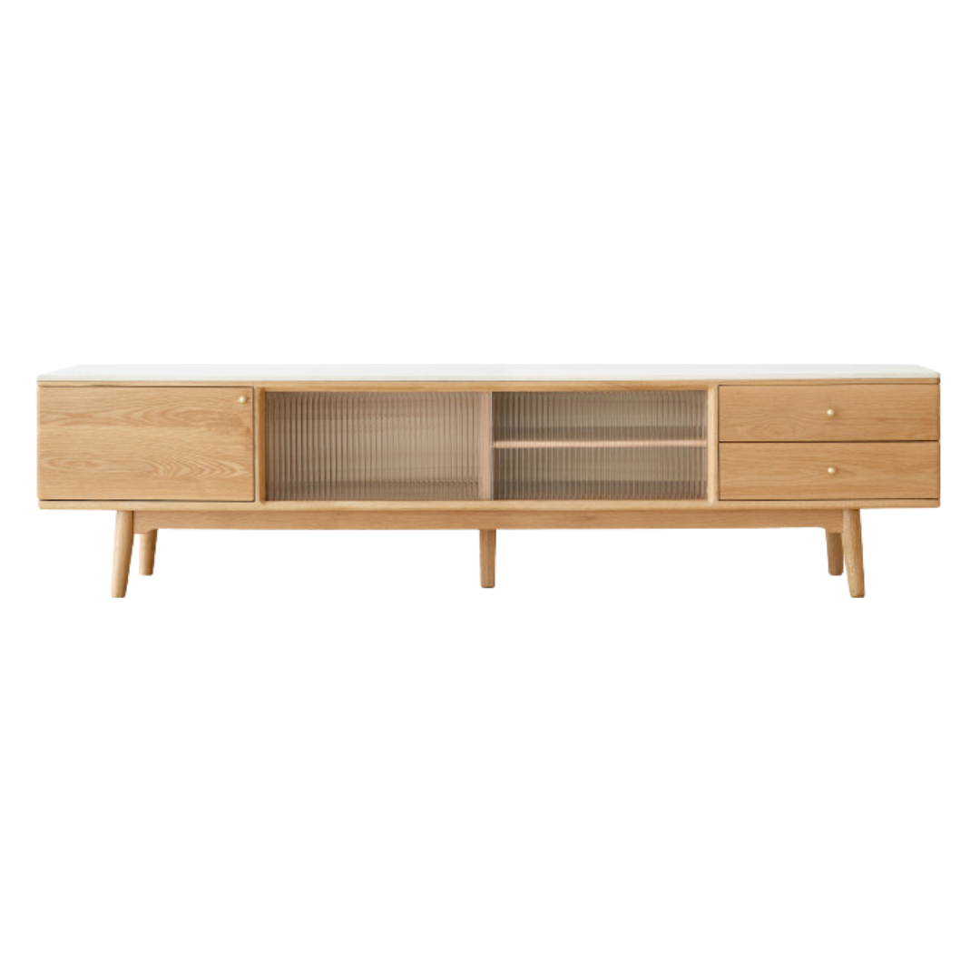 Solid Oak Wood Sliding Door TV Stand with Natural Rock Slab Surface - Modern Entertainment Center for Living Room & Home Theater
