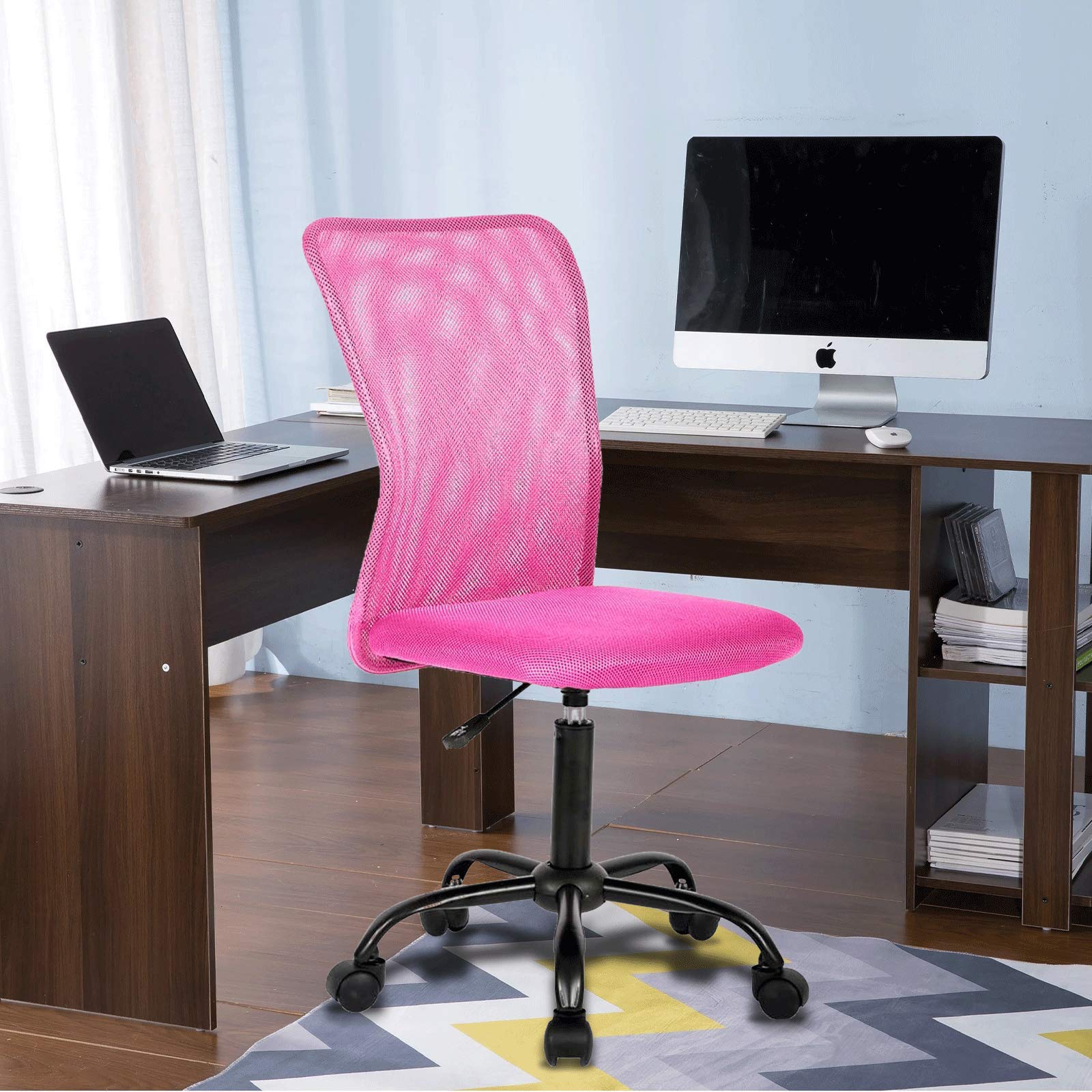 Ergonomic Mesh Office Chair - Adjustable Height Mid Back Swivel Rolling Desk Chair for Home & Student Workspaces, No Armrest Modern Task Chair with Wheels (Pink) - Perfect for Small Offices, Gaming & Study Areas