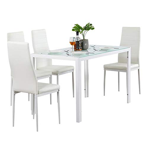 Modern Glass Dining Table Set with 4 White Leather Chairs - Elegant Kitchen & Dining Room Furniture for Home Entertaining & Family Gatherings