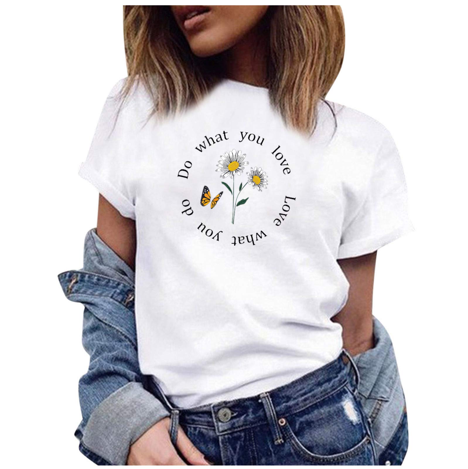 Women's Casual Summer White Short Sleeve Blouse with Letter & Moon Print - Elegant O-Neck T-Shirt for Office, Date Night or Weekend Outings