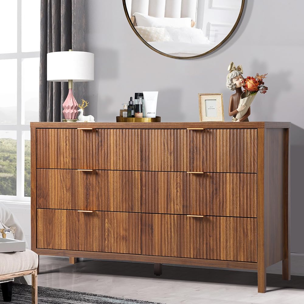 6 Drawer Solid Wood Dresser Cabinet - Farmhouse Style Nightstand with Storage, Mid Century Modern TV Stand for Bedroom & Closet Organization (Walnut) | Perfect for Bedroom, Living Room & Home Office Storage Solutions