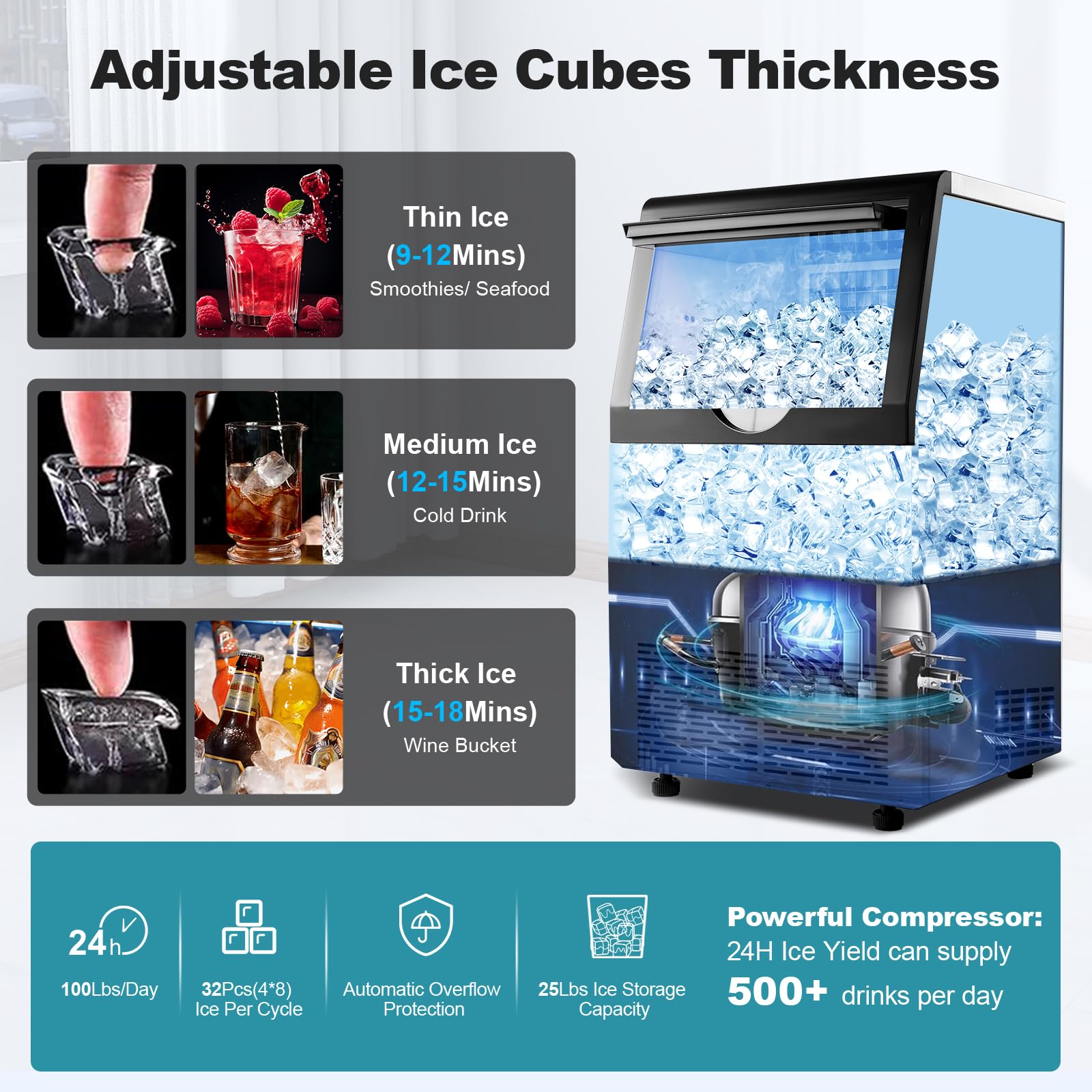 Commercial Ice Maker Machine 100lbs/24H with Auto Self-Cleaning & LED Digital Display - Under Counter or Freestanding Ice Machine for Home, Office, Restaurant, Bar - Perfect for Beverage Service, Parties and Food Preservation