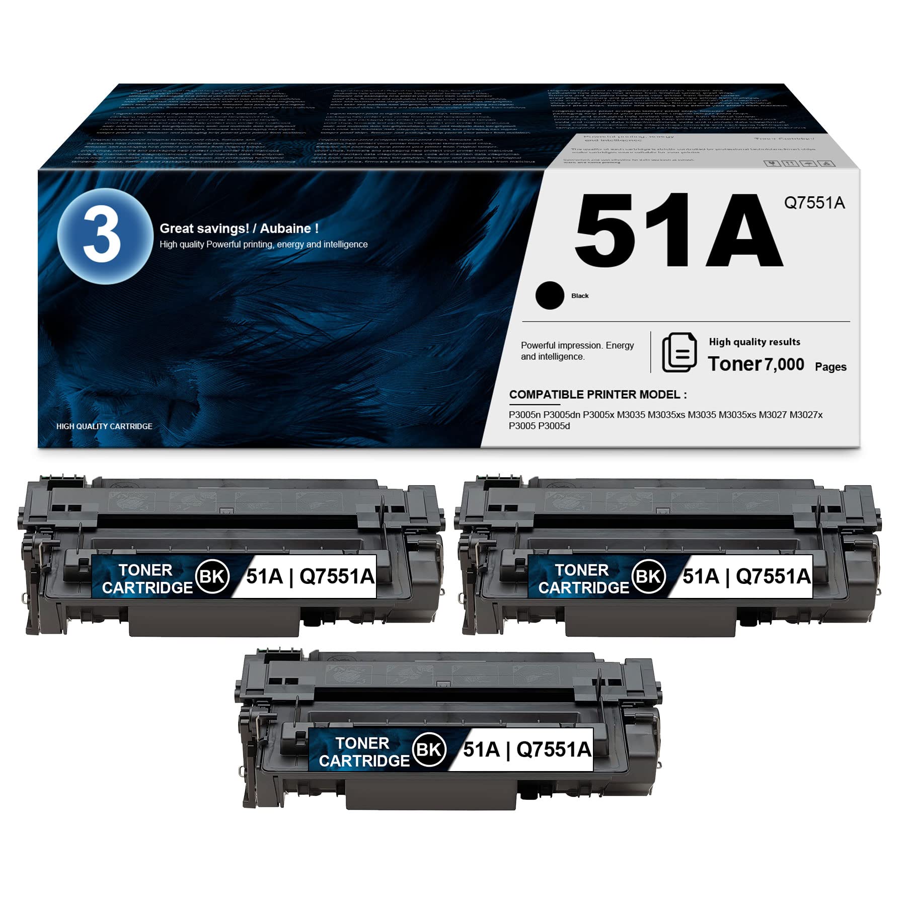 LVE 51A | Q7551A Compatible Toner Cartridge Replacement (3 Pack, Black) for HP LaserJet P3005, M3035xs, M3027, P3005d, P3005n, P3005dn, P3005x Printers - High Yield Printing for Office & Home Use