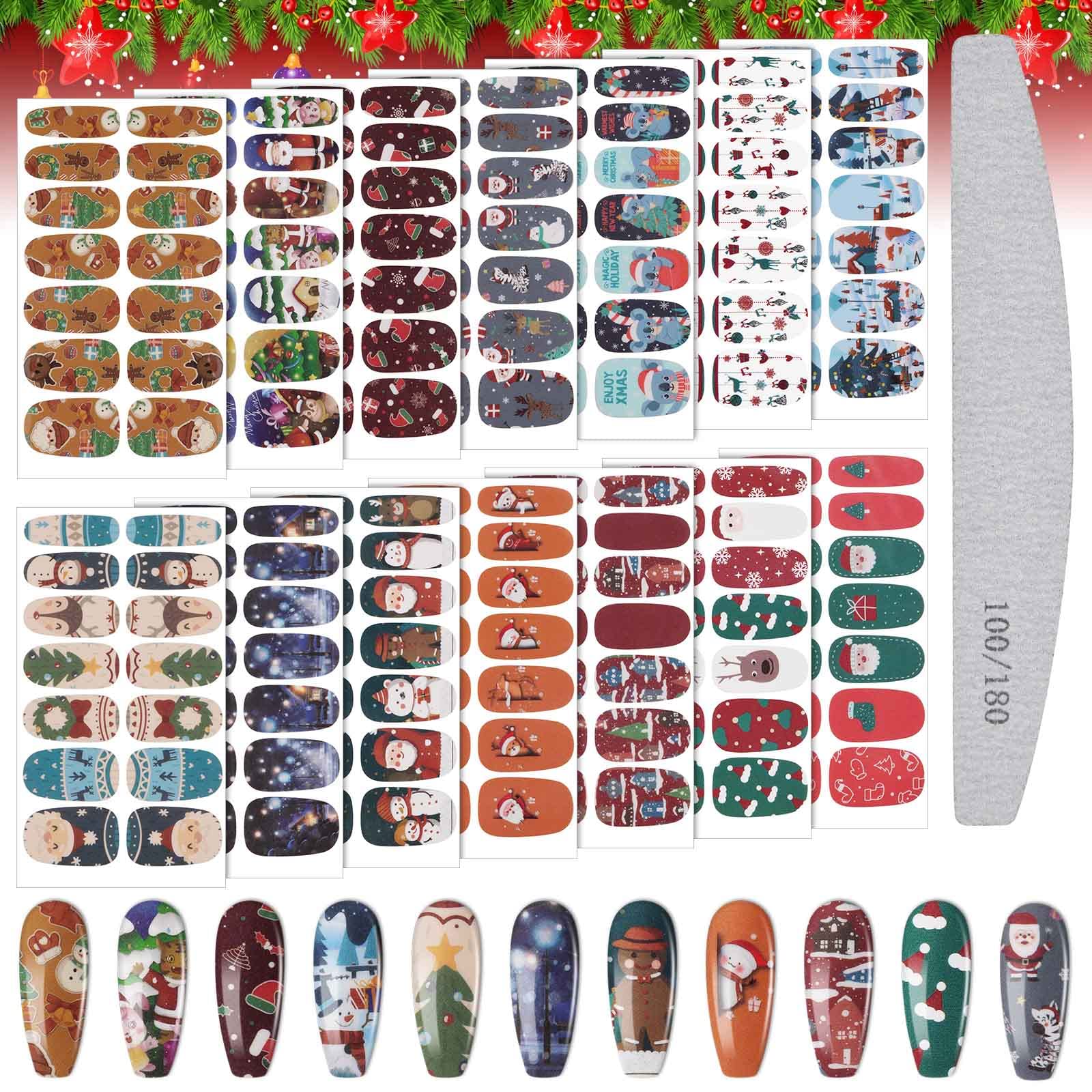 EBANKU Christmas Nail Wraps - 14 Sheets Self-Adhesive Nail Polish Stickers with Nail File | Deer, Snowman & Xmas Tree Designs for Holiday Nail Art | Perfect for Christmas Parties & Gift Giving