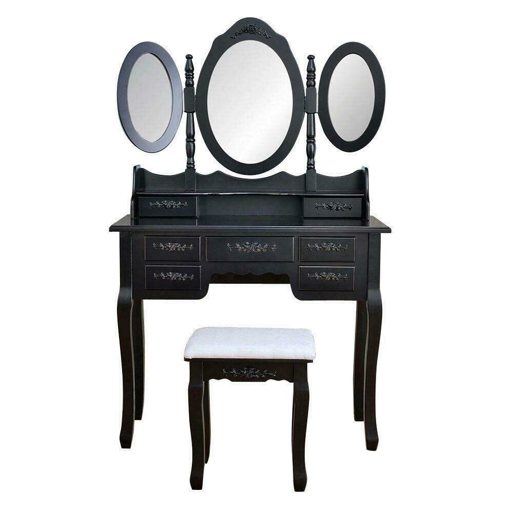 Black Wooden Vanity Makeup Table Set with 3 Mirrors, 7 Drawers & Stool - Dressing Desk for Bedroom, Makeup Vanity Side Table, Perfect for Cosmetics Storage & Beauty Routine Organization