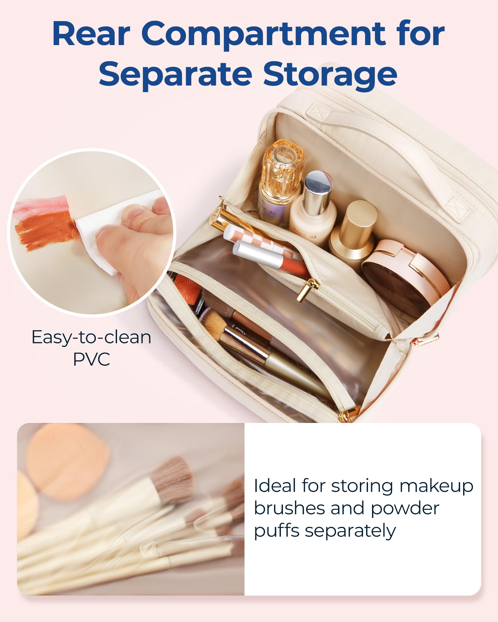 BAGSMART Travel Makeup Organizer Bag for Women - Portable Cosmetic Bag with Wide Opening for Toiletries, Brushes & Bottles | Perfect for Travel Essentials & Daily Use (Beige)