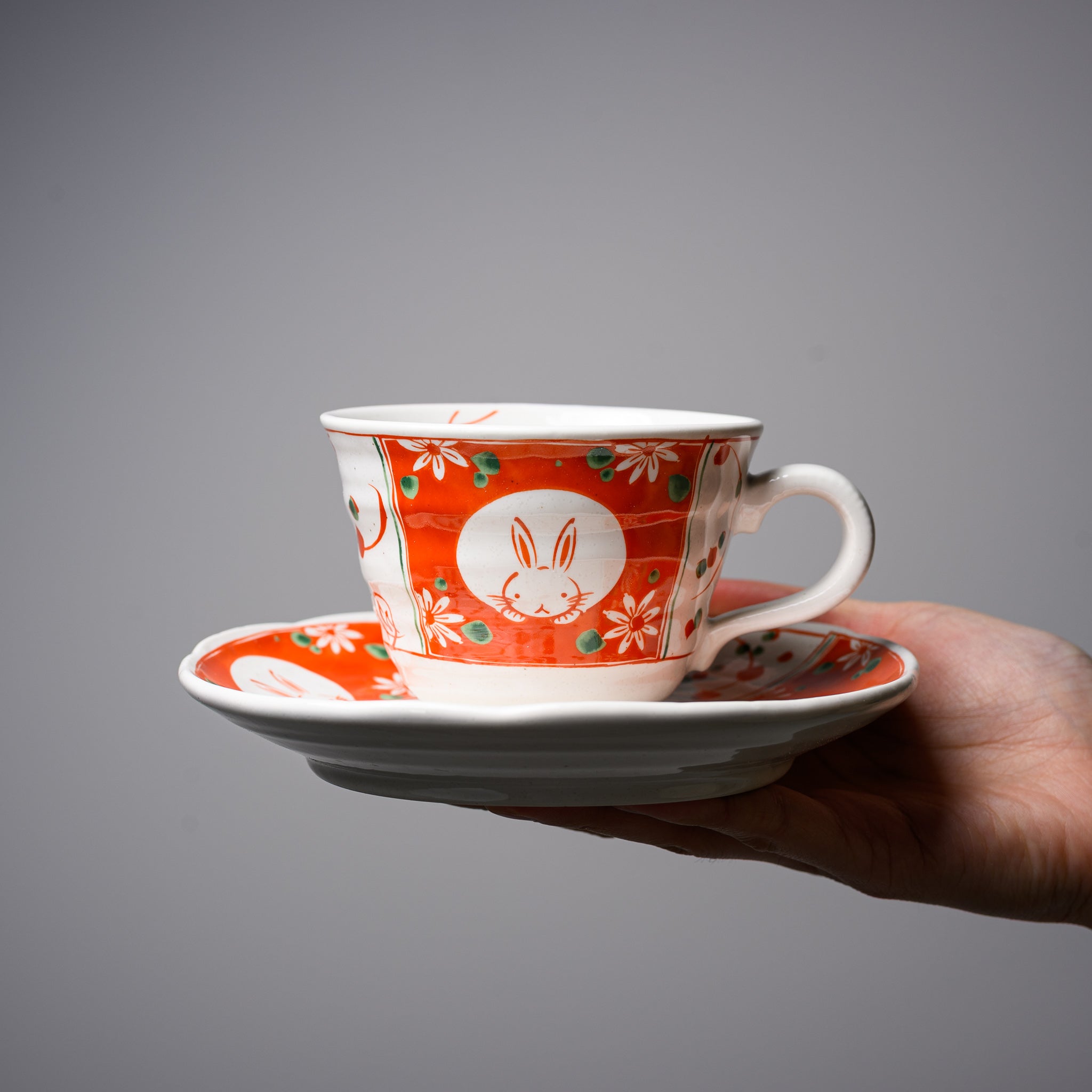 Red Rabbit Pair Cup and Saucer Set - 2 Piece Ceramic Tea Cup with Matching Saucer - Cute Bunny Themed Tea Set for Afternoon Tea, Gift Giving, or Home Decor