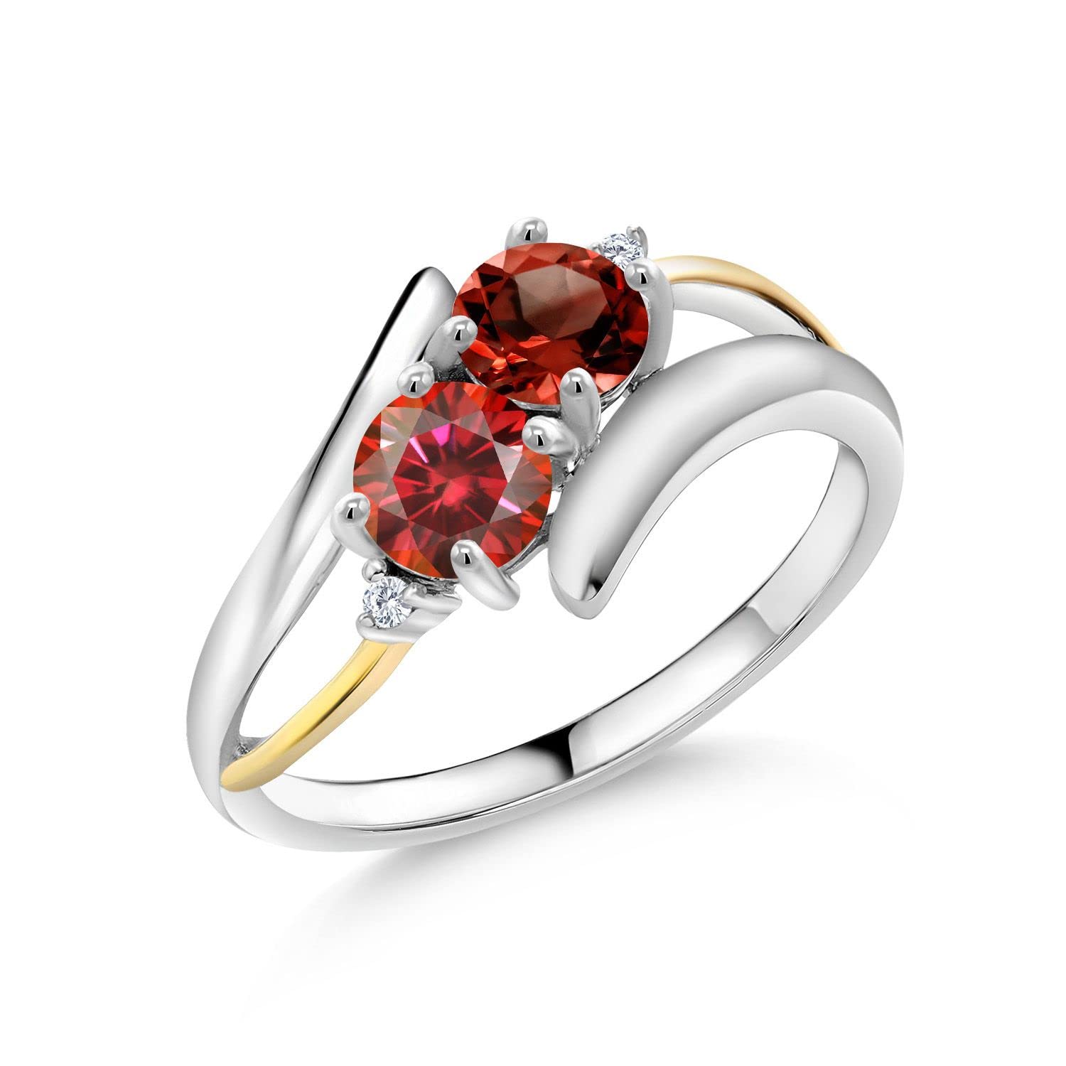 925 Silver & 10K Yellow Gold Ring with Round Red Garnet & Created Moissanite Gemstones (1.52 Cttw) - Elegant Jewelry for Engagement, Anniversary & Special Occasions