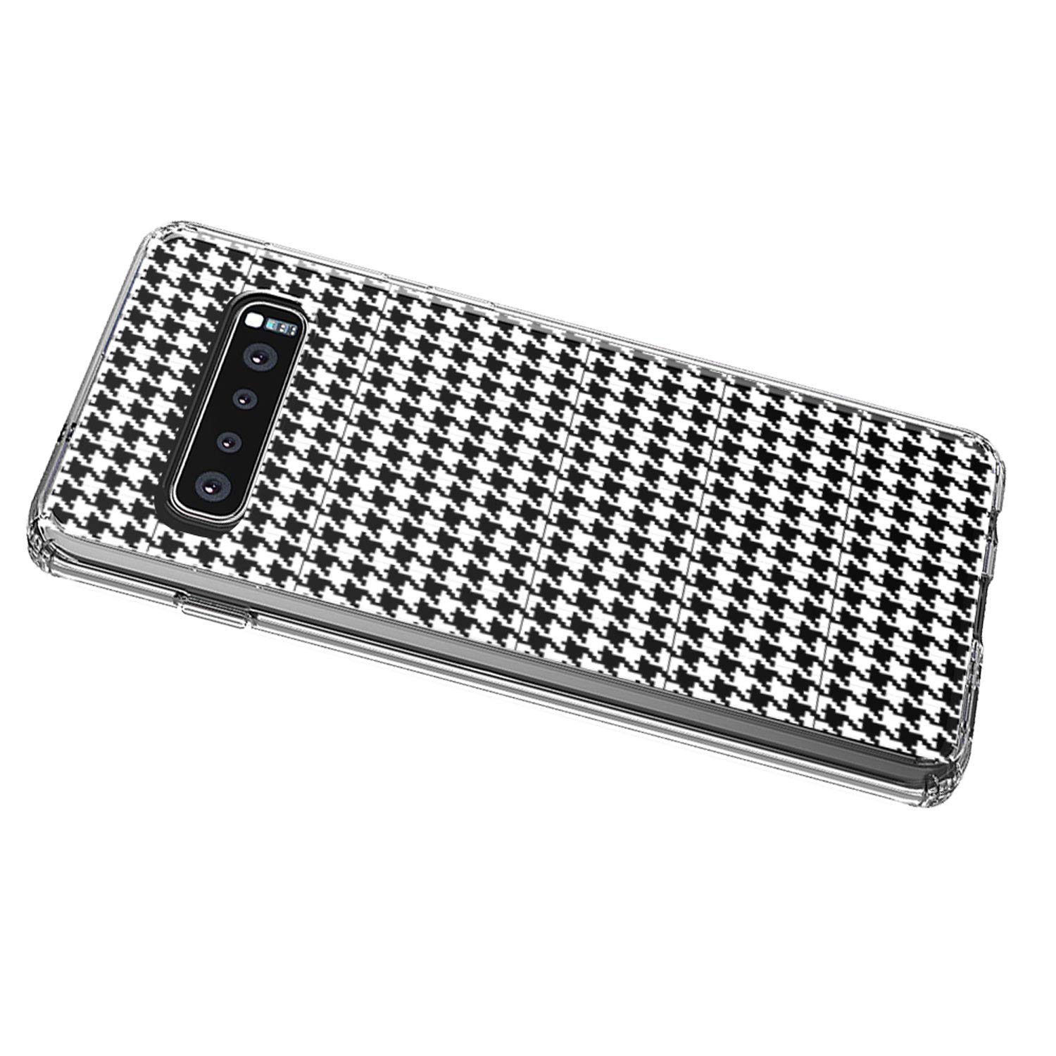 Shockproof Hybrid Case for Samsung Galaxy S10+ Plus (6.4 Inch) - Clear TPU Bumper with Acrylic Back, Fingerprint Compatible Screen Protector - White Houndstooth Design - Perfect for Daily Use, Travel & Outdoor Activities