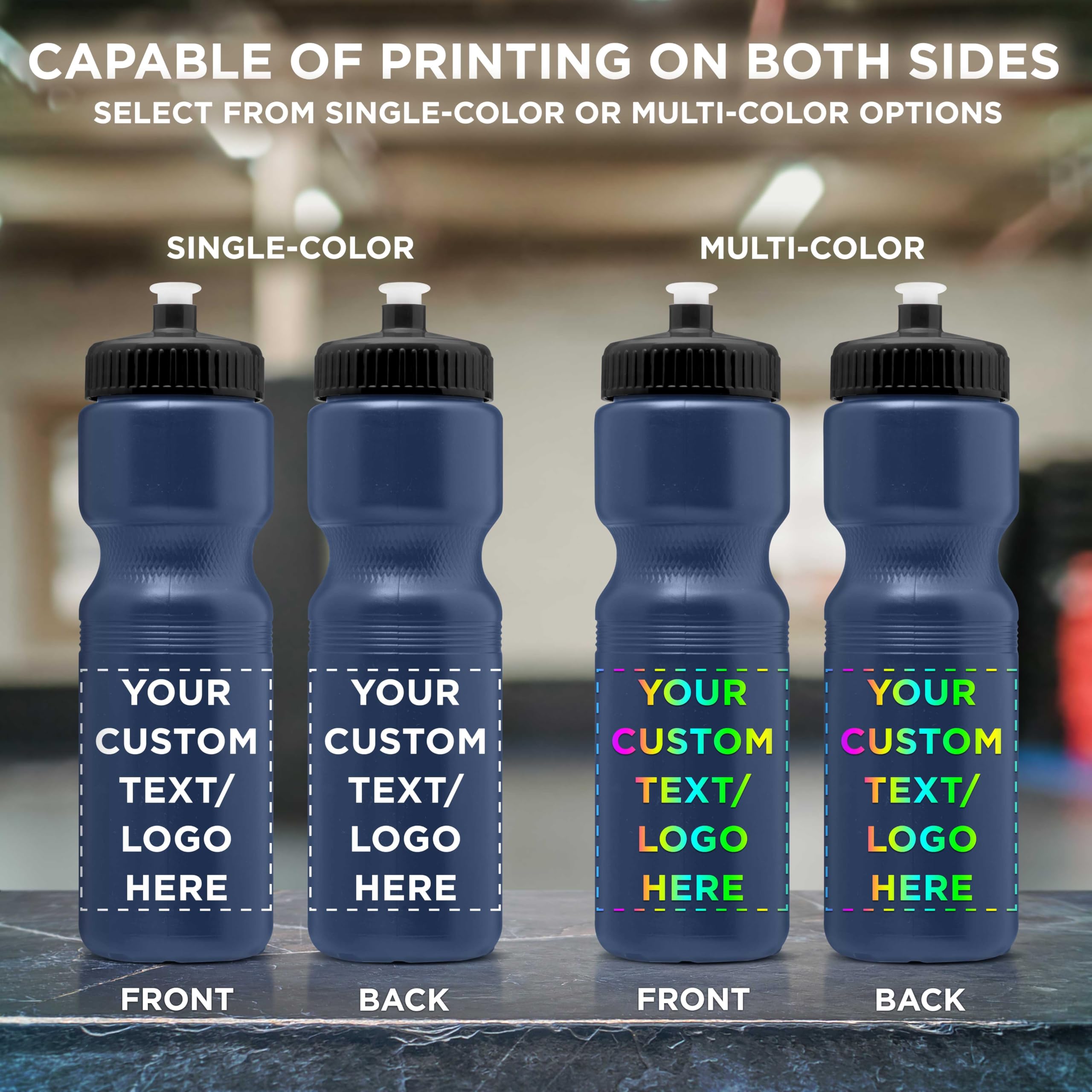 28 oz Custom Push Cap Plastic Water Bottles - Bulk Pack of 100 - Personalized Navy Blue Water Bottles for Gym, Hiking, Camping & Outdoor Sports - Ideal for Hydration at Workouts, Adventures and Team Events