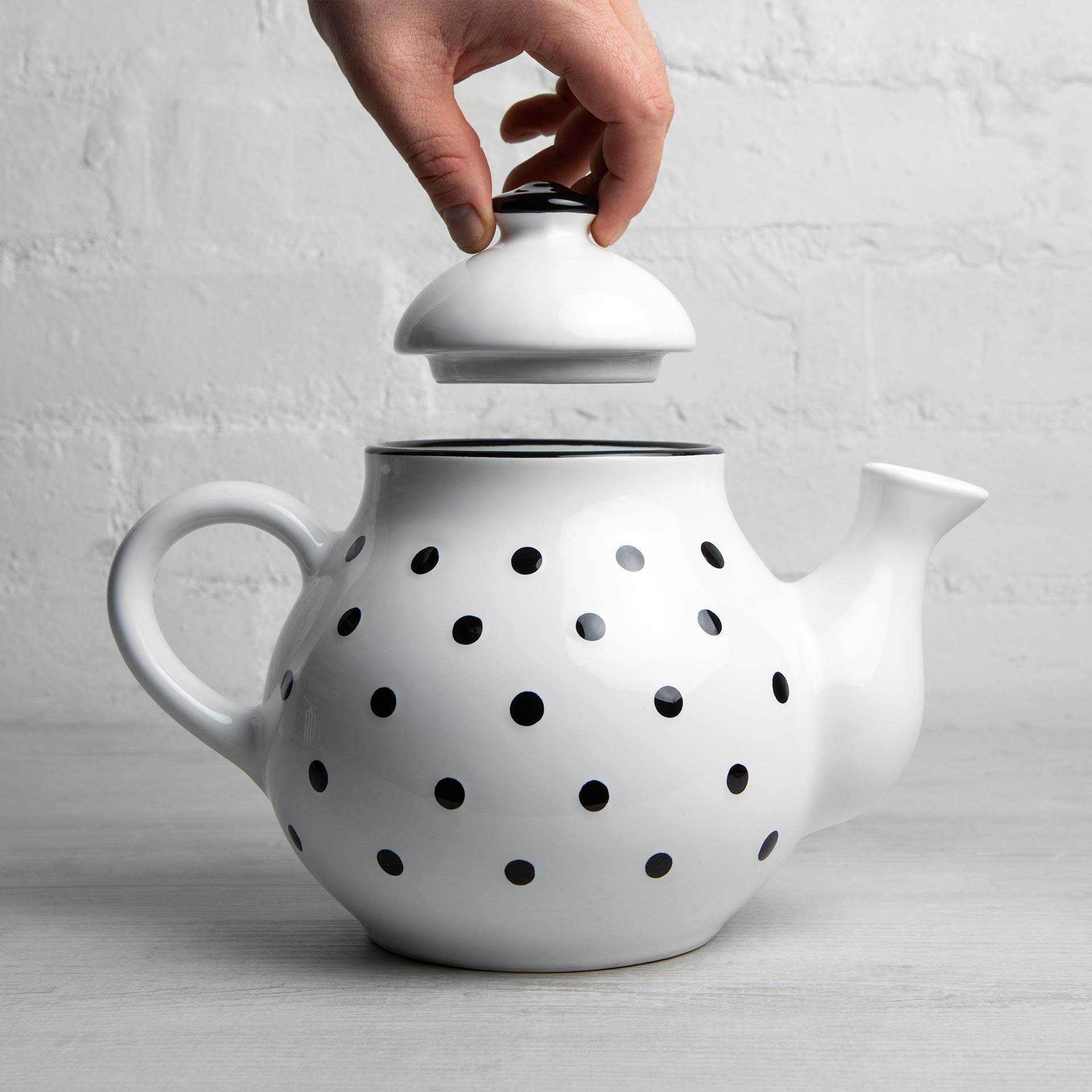 Handcrafted Premium 60 oz Ceramic Teapot for Blooming & Loose Leaf Tea - White & Black Blue Polka Dot Design - Large Capacity (6-8 Cups) - Perfect for Tea Lovers, Afternoon Tea Parties & Cozy Cottage Gatherings