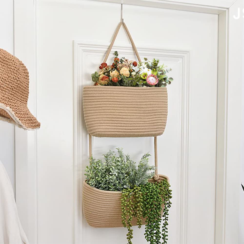 TeoKJ 2-Tier Woven Cotton Over the Door Hanging Basket - Wall Mounted Storage Organizer for Kitchen, Bathroom & Bedroom - Jute Decorative Storage Baskets - Perfect for Fruits, Vegetables, Toys & Towels