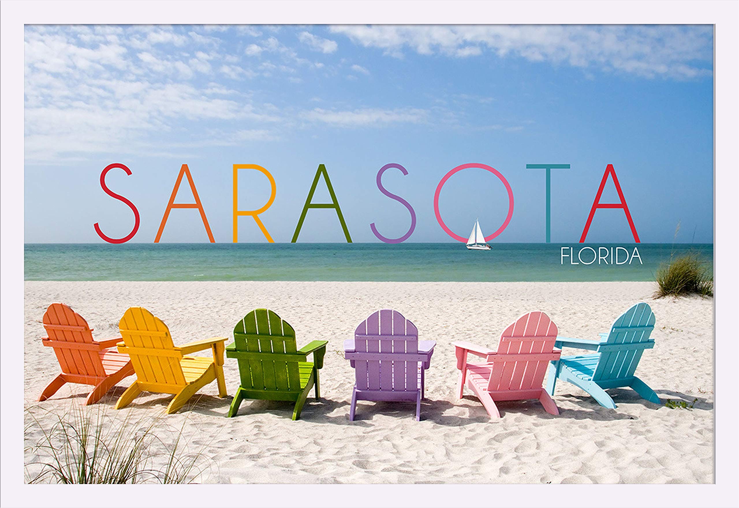 Florida Sarasota Beach Chairs 36x24 Giclee Art Print - Colorful Coastal Wall Decor, Gallery Framed White Wood - Perfect for Living Room, Bedroom or Beach House Decor