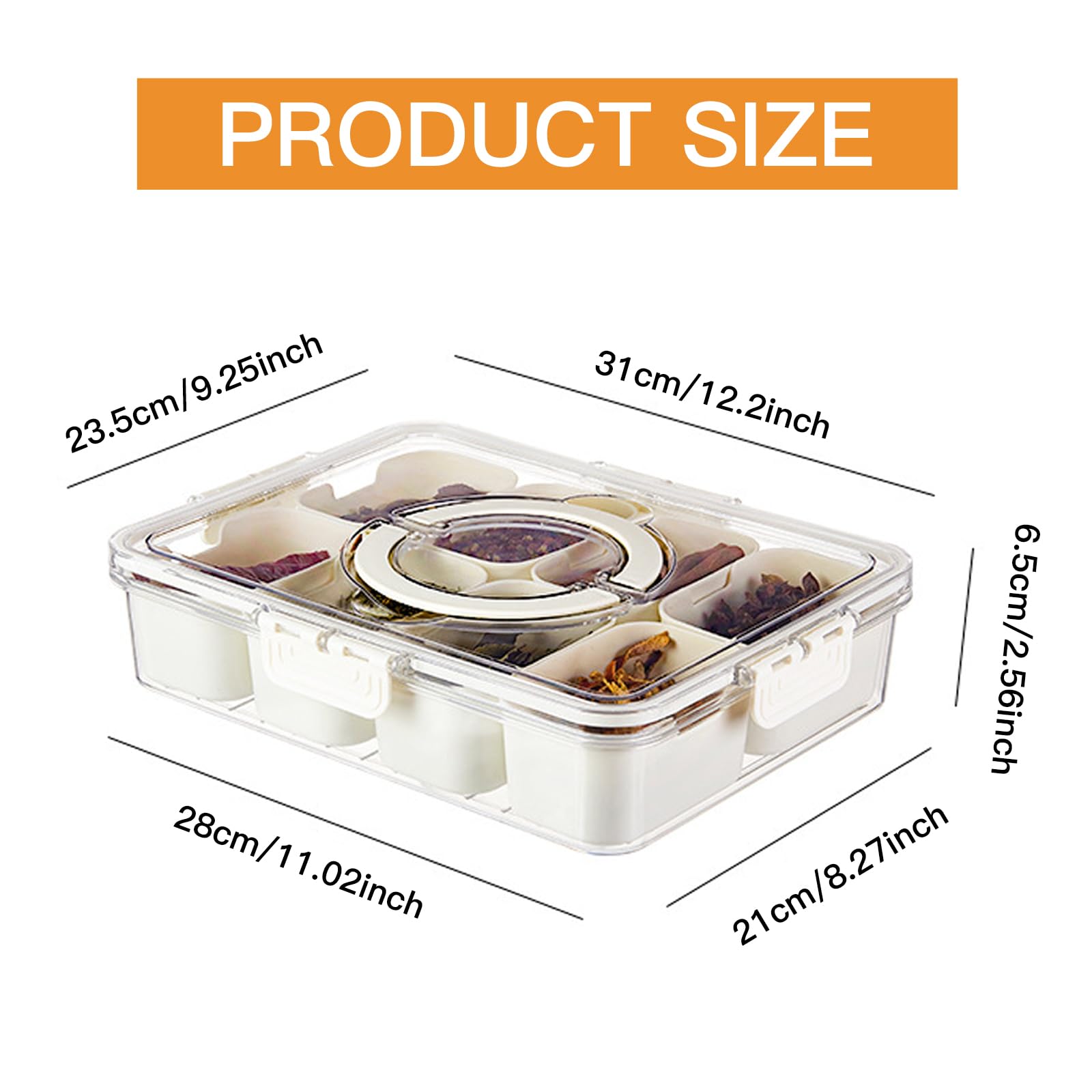 SESAMELESS 8-Compartment Snack Tray with Lid & Handle - Portable Divided Food Container for Snacks, Veggies, Candy & Spices - Perfect for Kitchen, Fridge, Picnics & Parties