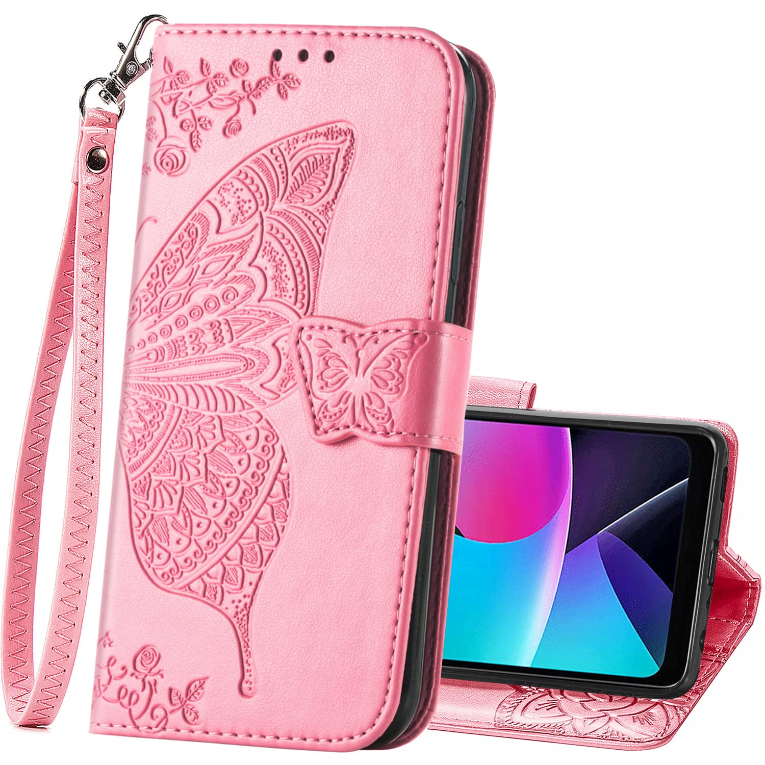 Motorola Moto G Play 2024 Wallet Case - PU Leather Flip Cover with Card Slots, Wrist Strap & Kickstand | Protective Phone Case with Butterfly Flower Embossed Design in Pink | Perfect for Everyday Use, Travel & Hands-Free Convenience