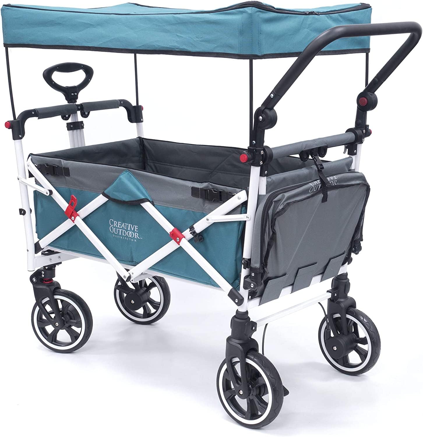 Best Collapsible Outdoor Wagon for Kids - Push Pull Stroller with Canopy for Beach, Park & Garden - Lightweight Folding Cart (Teal & Grey) - Perfect for Picnics, Camping & Outdoor Adventures